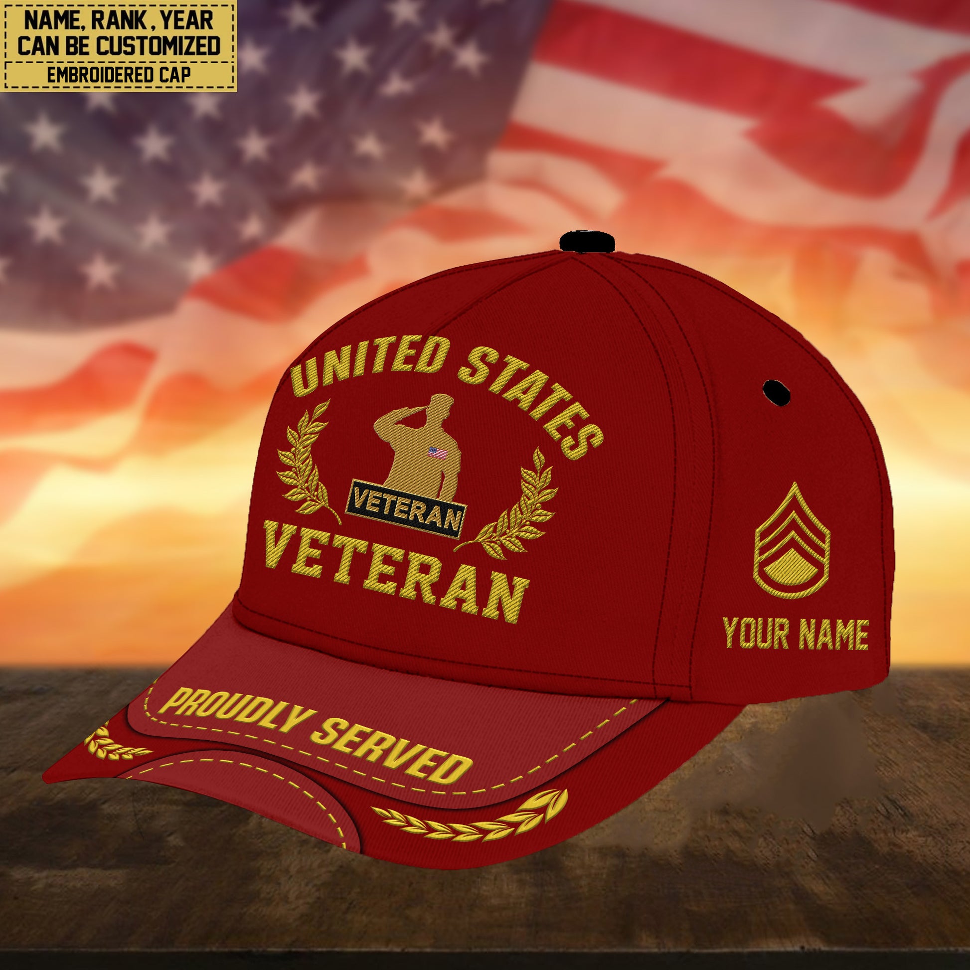Premium Custom Name, Rank, US Veteran Embroidered Cap, Hat for US Veteran, Gifts for Father's Day, Veterans Day VPVC300407