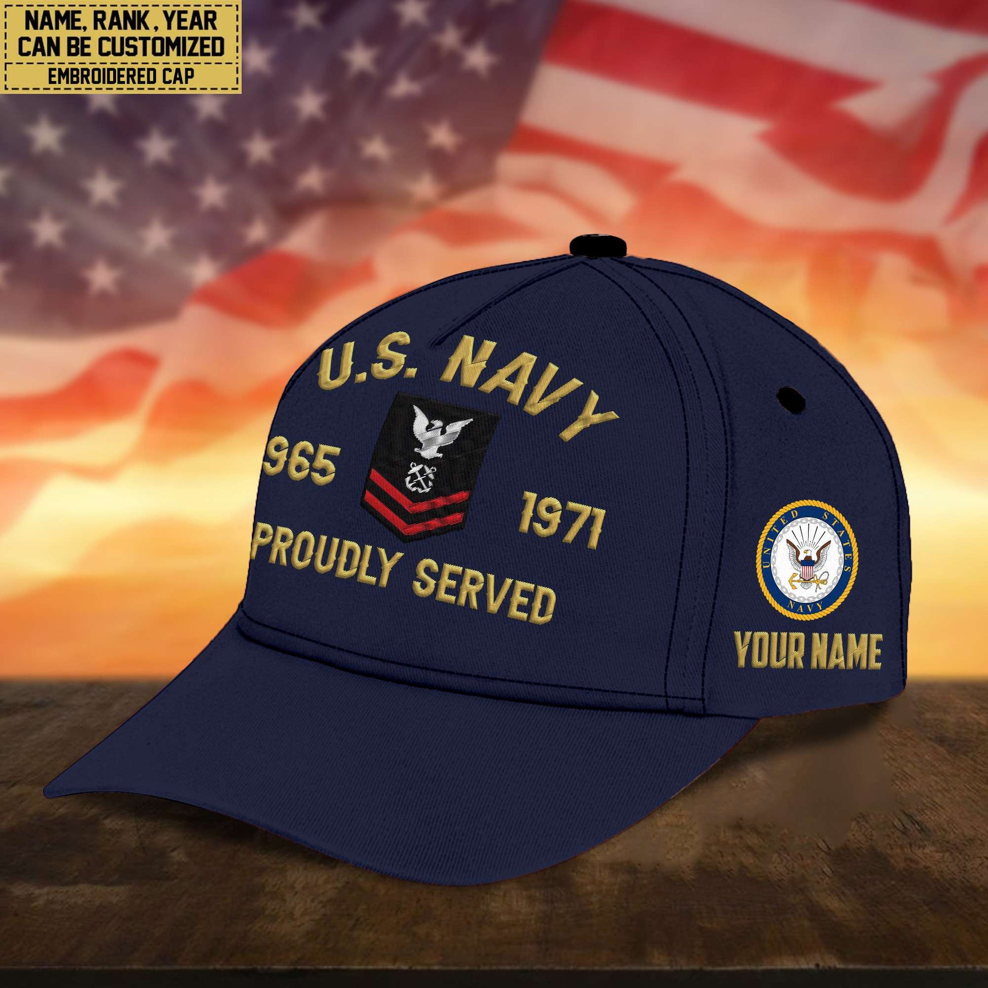 Premium Custom Name, Rank, US Navy Embroidered Cap, Hat for Navy Veteran, Gifts for Father's Day, Veterans Day VPVC300502