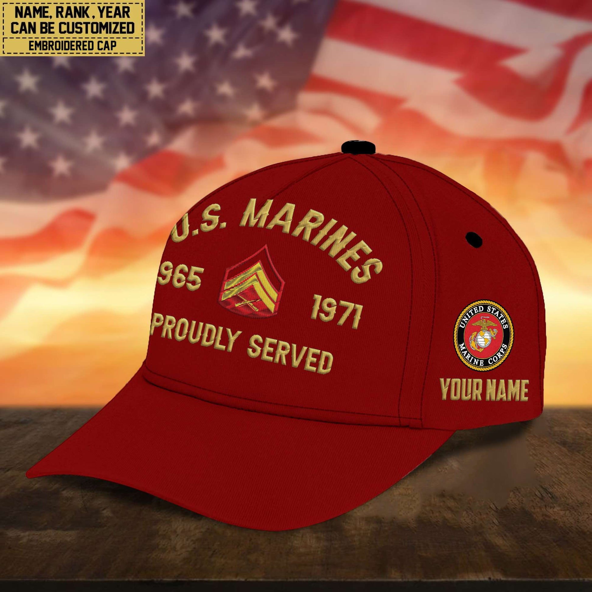 Premium Custom Name, Rank, USMC Embroidered Cap, Hat for Marine Veteran, Gifts for Father's Day, Veterans Day VPVC300503