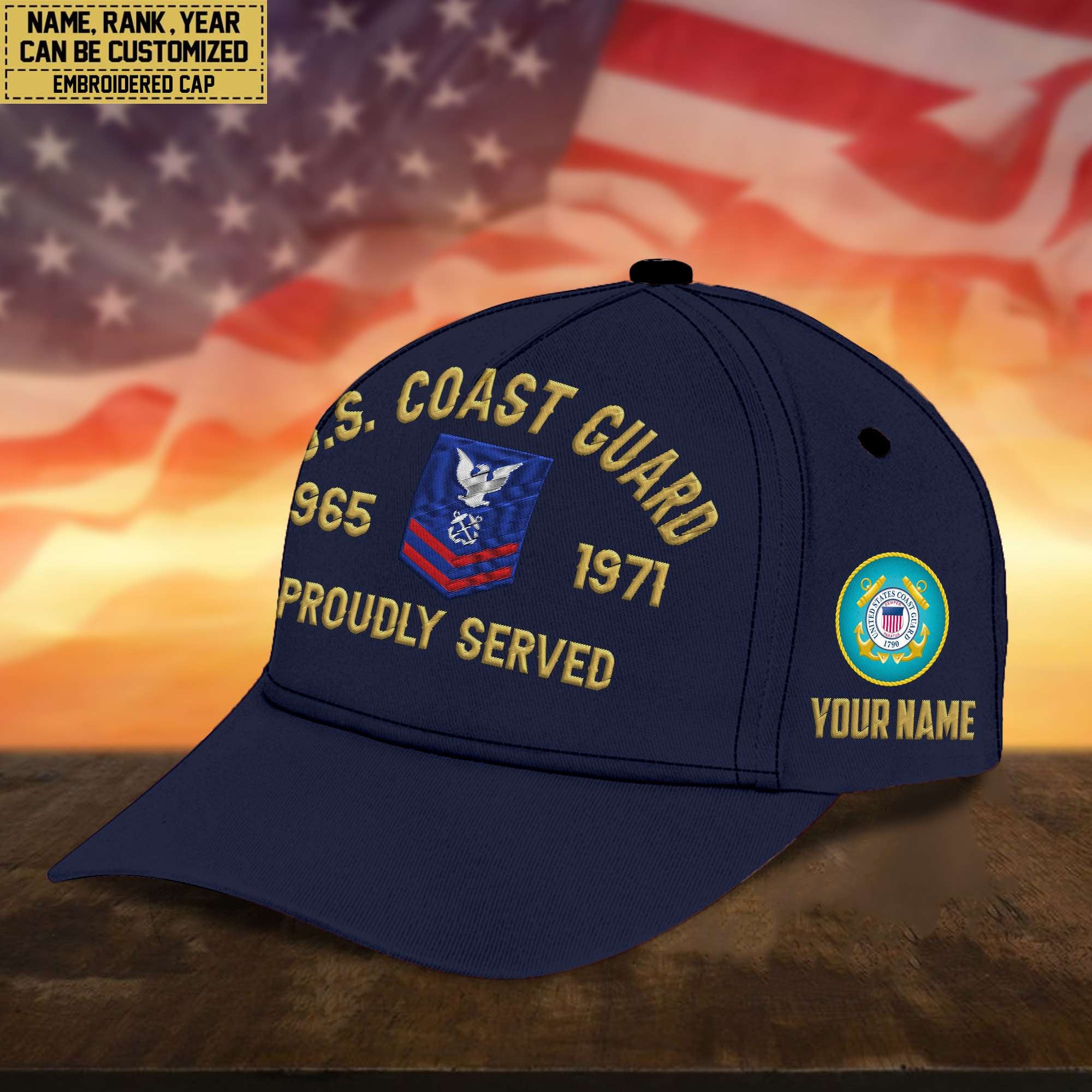 Premium Custom Name, Rank, USCG Embroidered Cap, Hat for Coast Guard Veteran, Gifts for Father's Day, Veterans Day VPVC300505