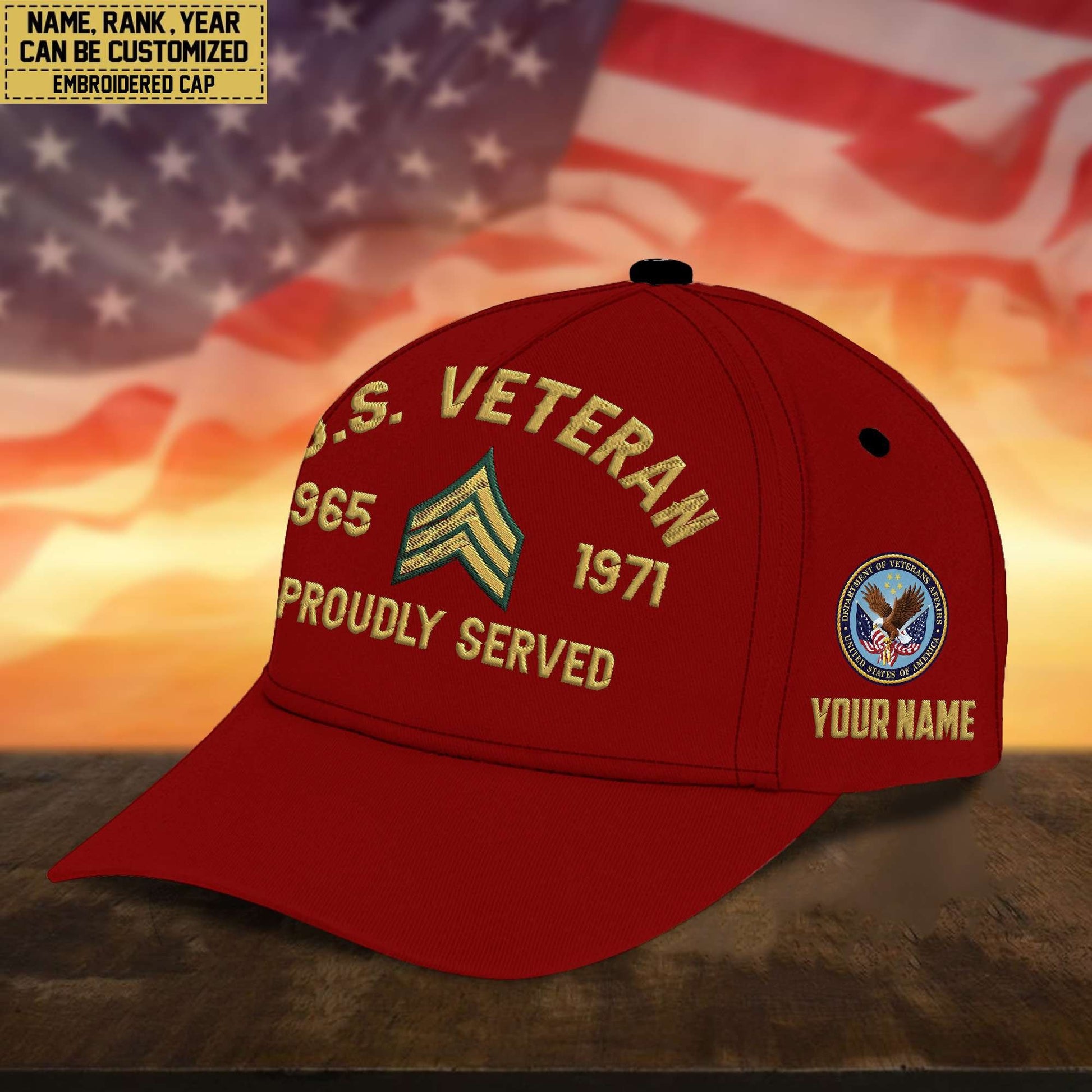 Premium Custom Name, Rank, US Veteran Embroidered Cap, Hat for US Veteran, Gifts for Father's Day, Veterans Day VPVC300507