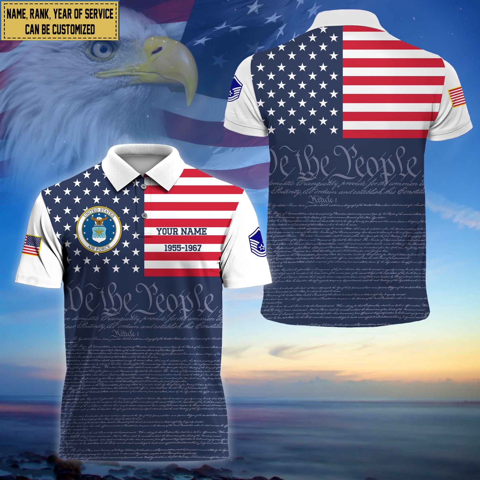 Premium Custom Name, Rank USAF Polo Shirt, Gifts for Air Foce Veteran VPVC202304