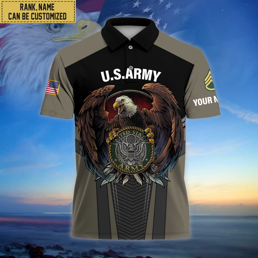 Premium Custom Name, Rank US Army Polo Shirt, Gifts for Army Veteran VPVC202501