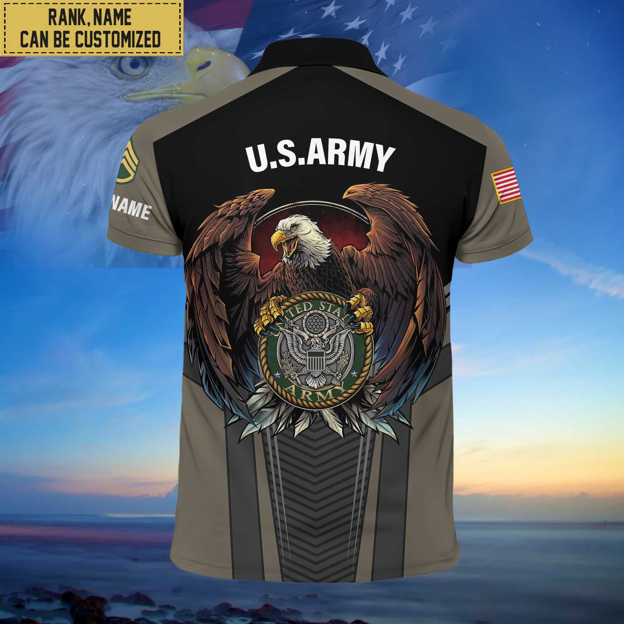 Premium Custom Name, Rank US Army Polo Shirt, Gifts for Army Veteran VPVC202501