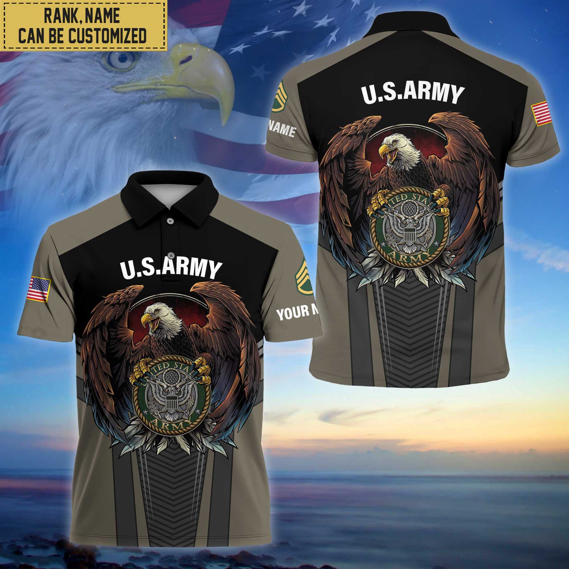 Premium Custom Name, Rank US Army Polo Shirt, Gifts for Army Veteran VPVC202501