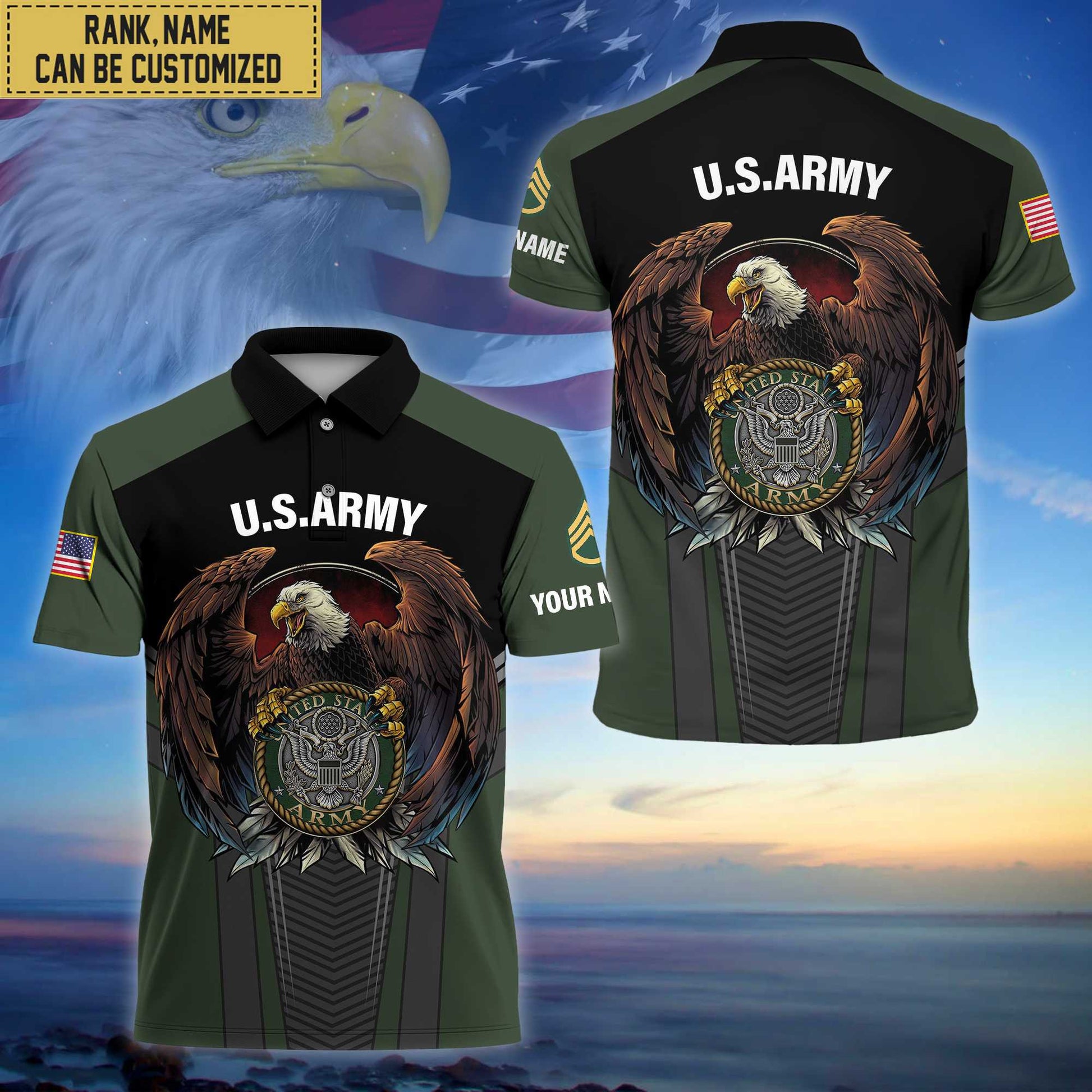Premium Custom Name, Rank US Army Polo Shirt, Gifts for Army Veteran VPVC202501