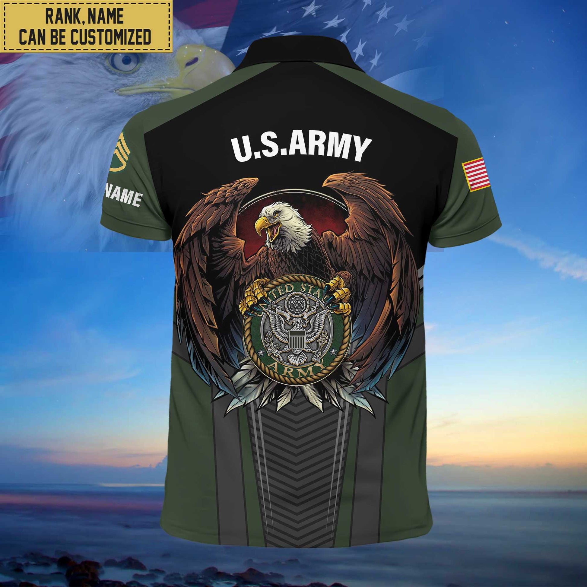 Premium Custom Name, Rank US Army Polo Shirt, Gifts for Army Veteran VPVC202501