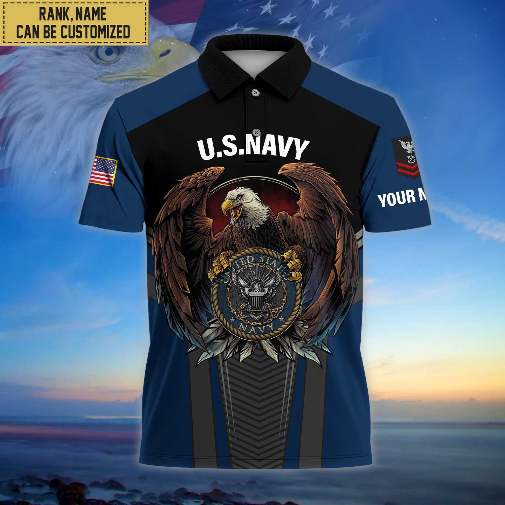 Premium Custom Name, Rank US Navy Polo Shirt, Gifts for Navy Veteran VPVC202502