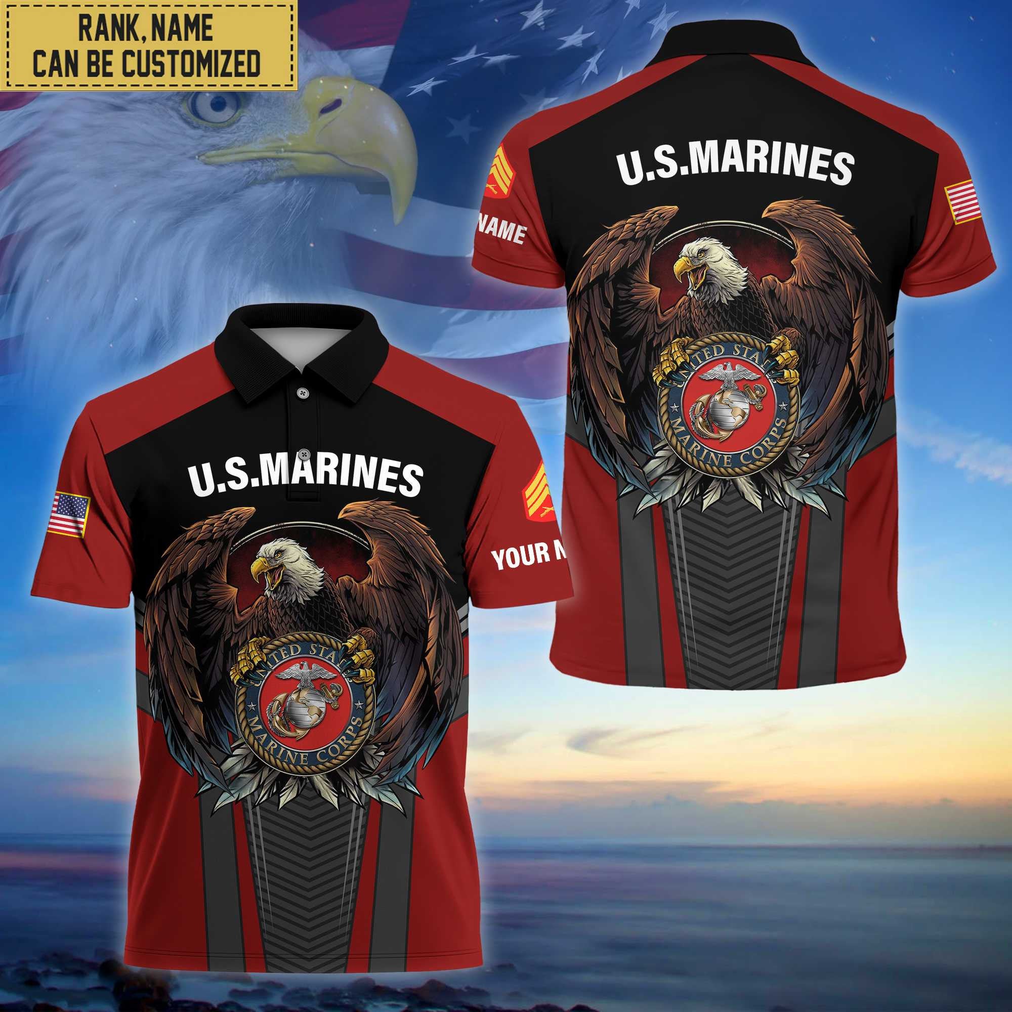 Premium Custom Name, Rank USMC Polo Shirt, Gifts for Marine Veteran VPVC202503