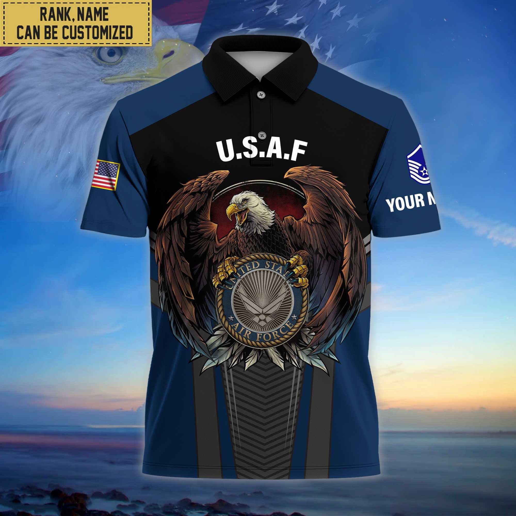 Premium Custom Name, Rank USAF Polo Shirt, Gifts for Air Force Veteran VPVC202504