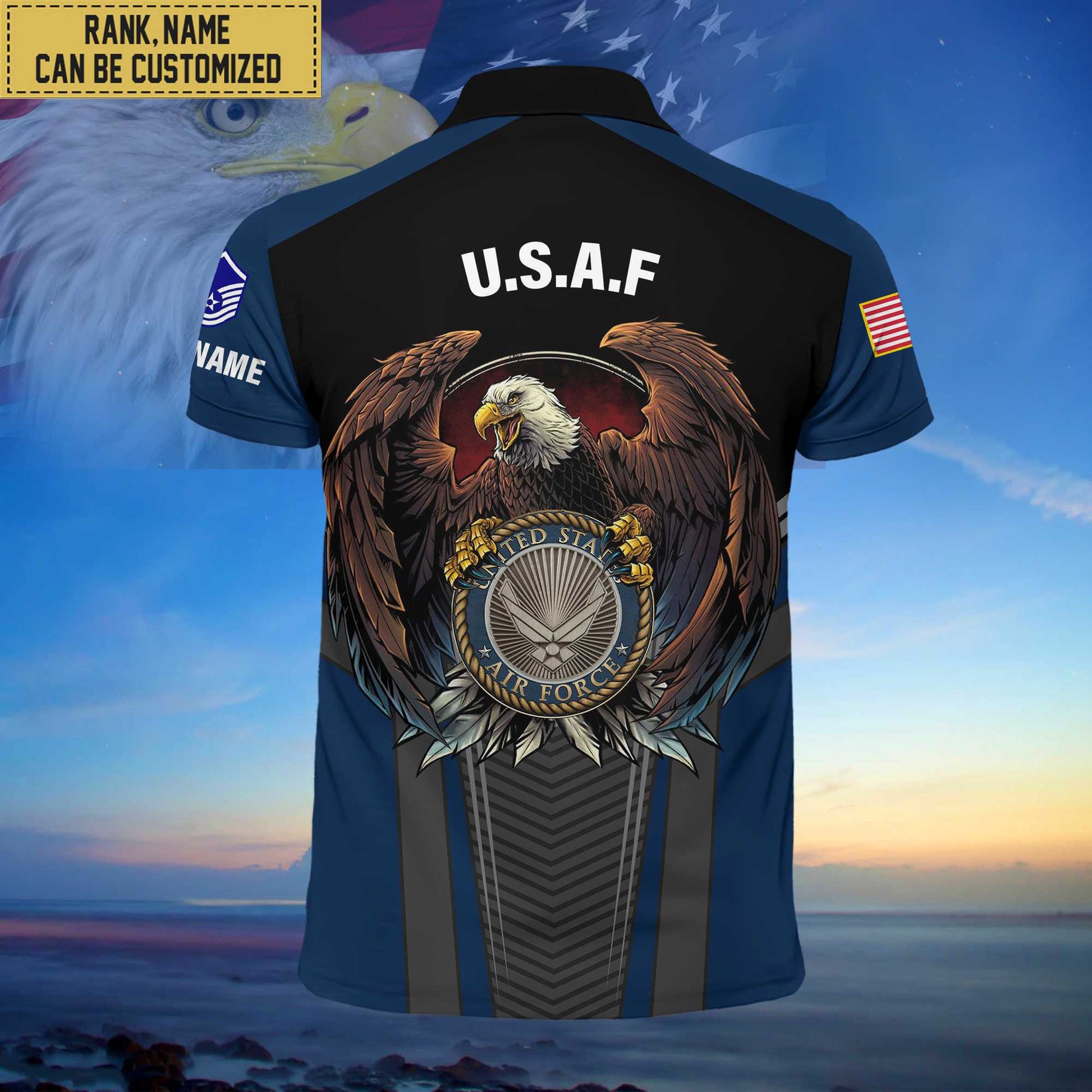 Premium Custom Name, Rank USAF Polo Shirt, Gifts for Air Force Veteran VPVC202504