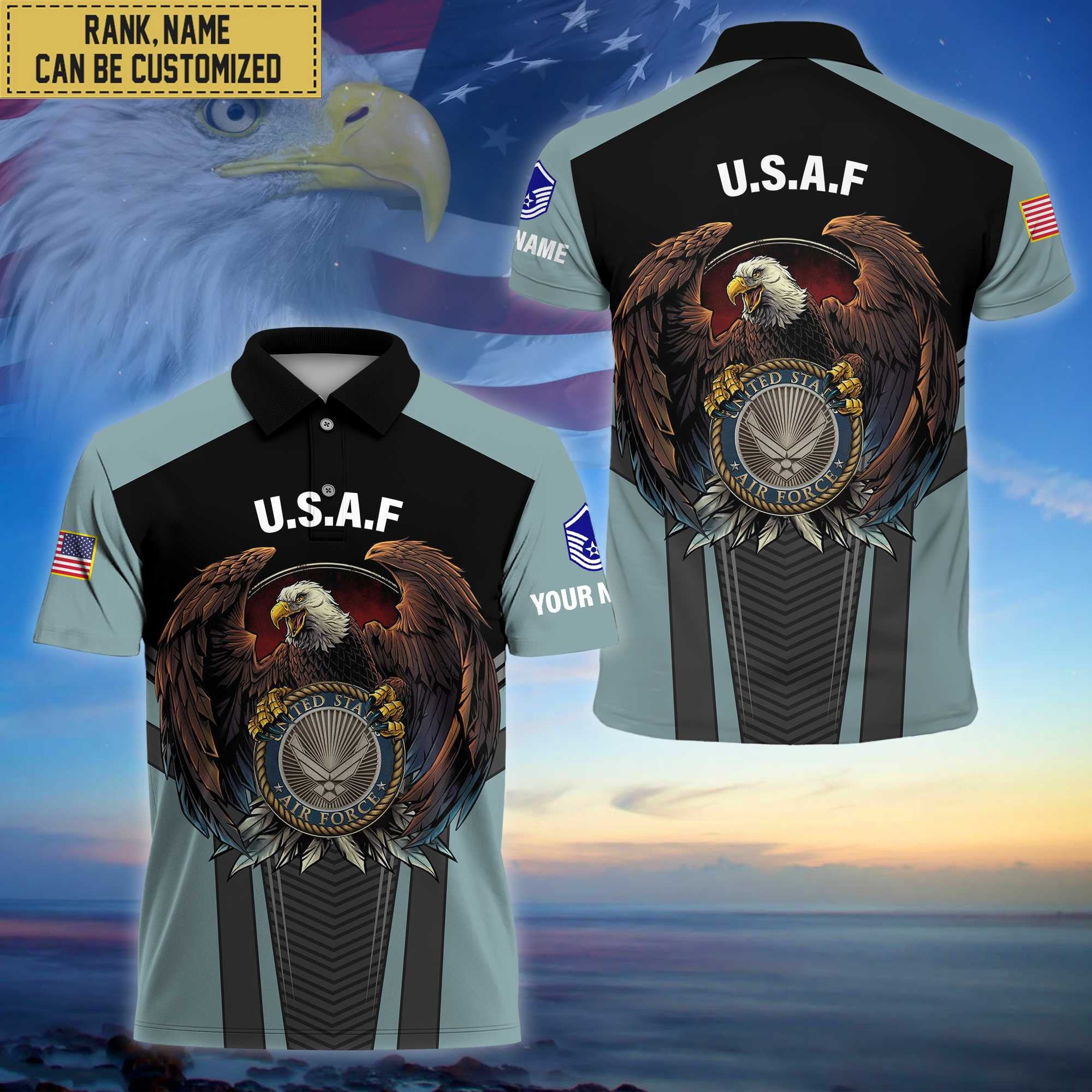 Premium Custom Name, Rank USAF Polo Shirt, Gifts for Air Force Veteran VPVC202504