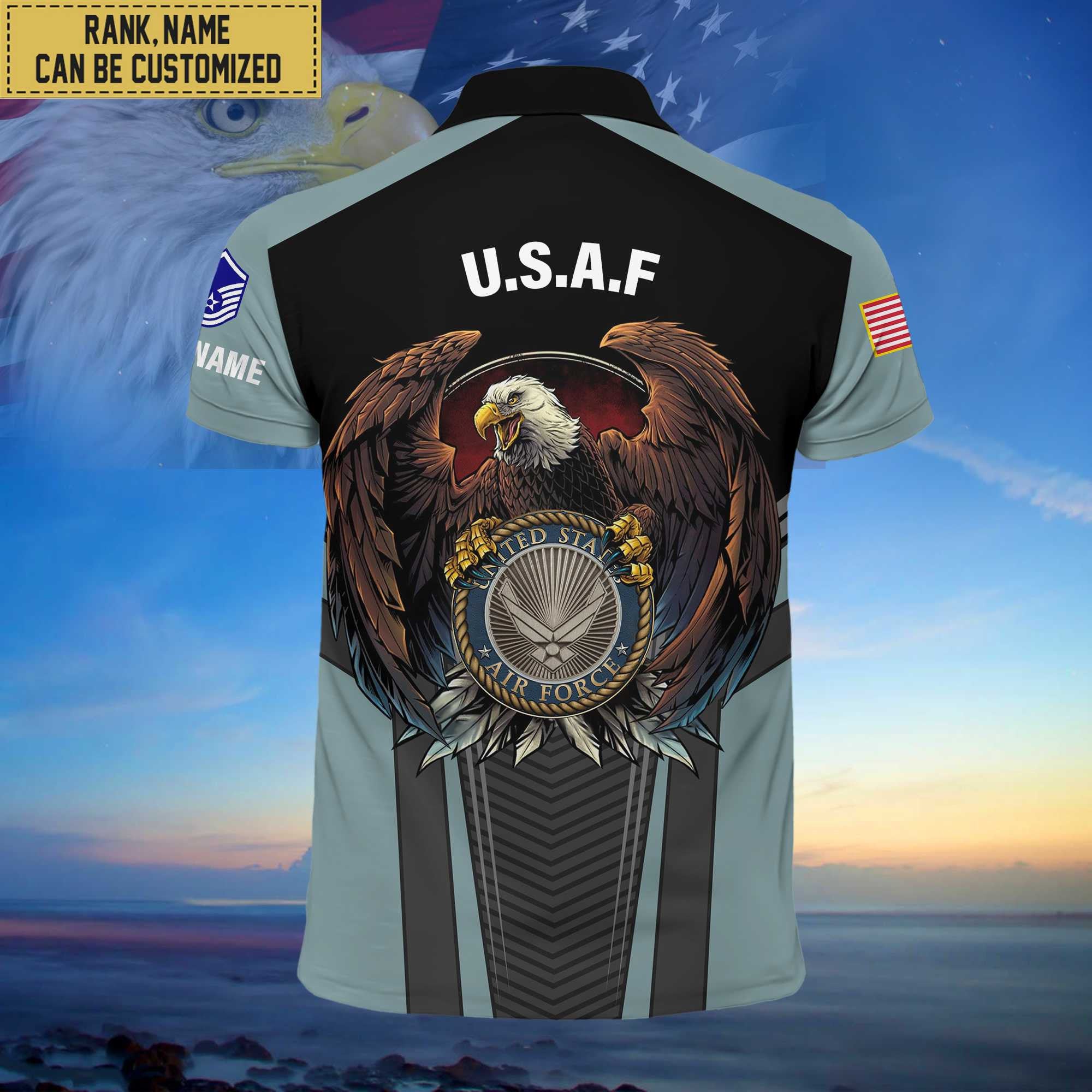 Premium Custom Name, Rank USAF Polo Shirt, Gifts for Air Force Veteran VPVC202504