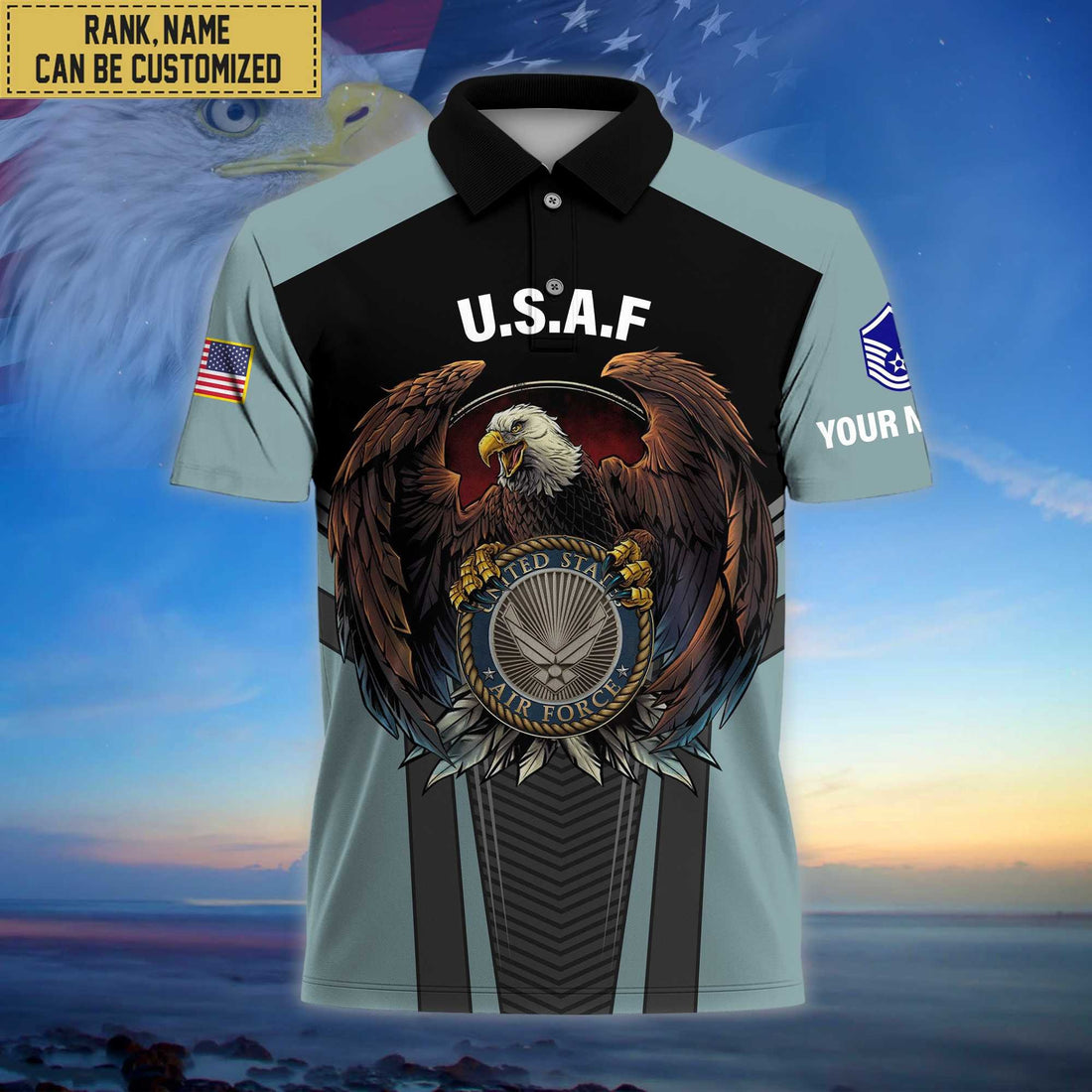 Premium Custom Name, Rank USAF Polo Shirt, Gifts for Air Force Veteran VPVC202504