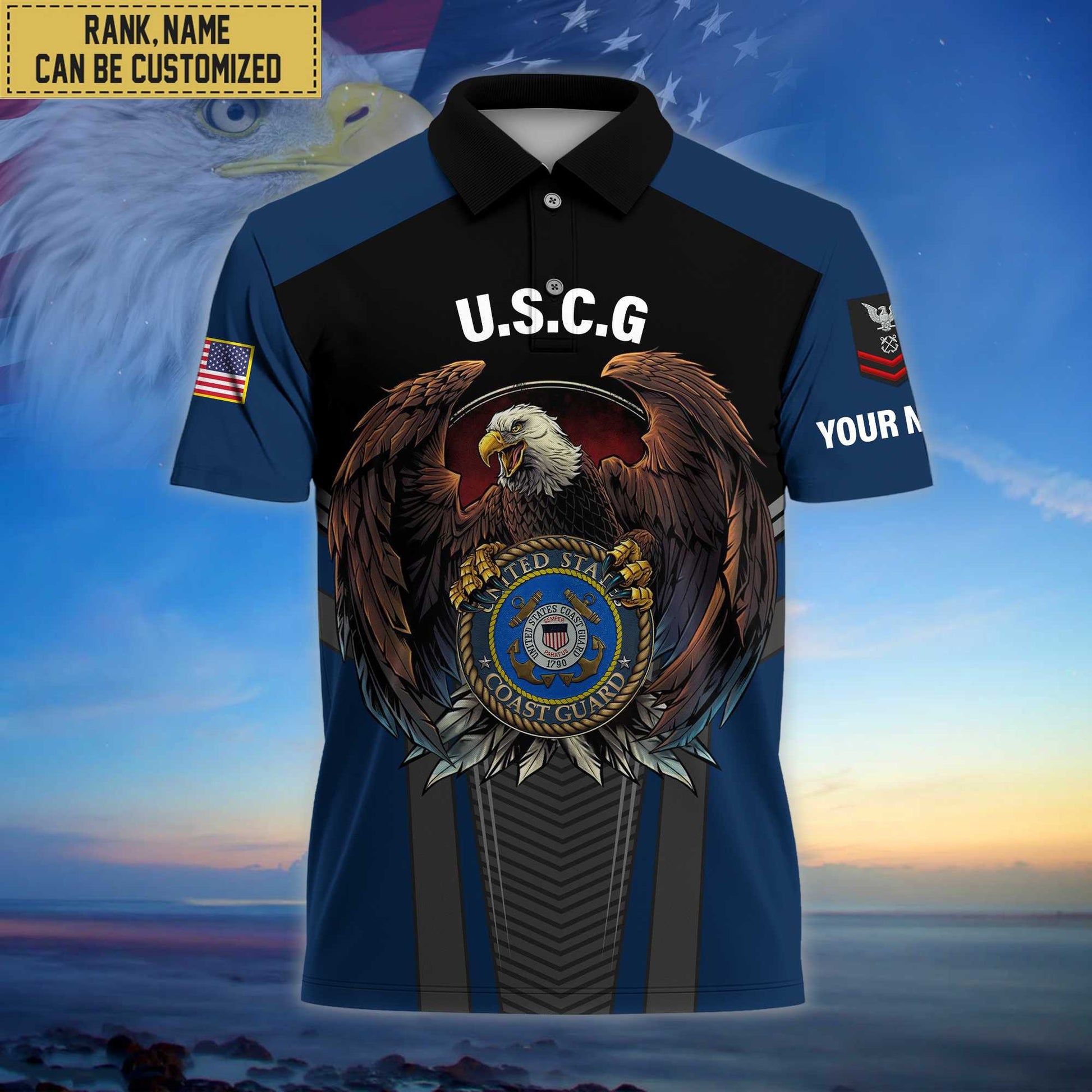 Premium Custom Name, Rank USCG Polo Shirt, Gifts for Coast Guard Veteran VPVC202505