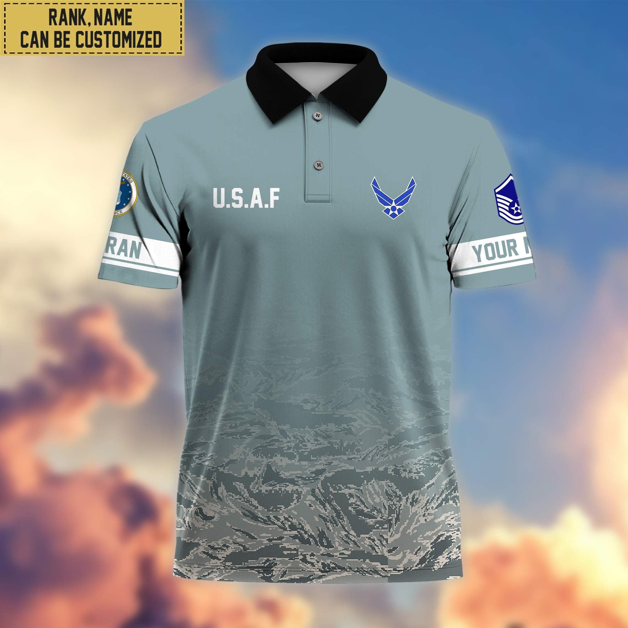Premium Custom Name, Rank USAF Polo Shirt, Gifts for Air Foce Veteran VPVC202604