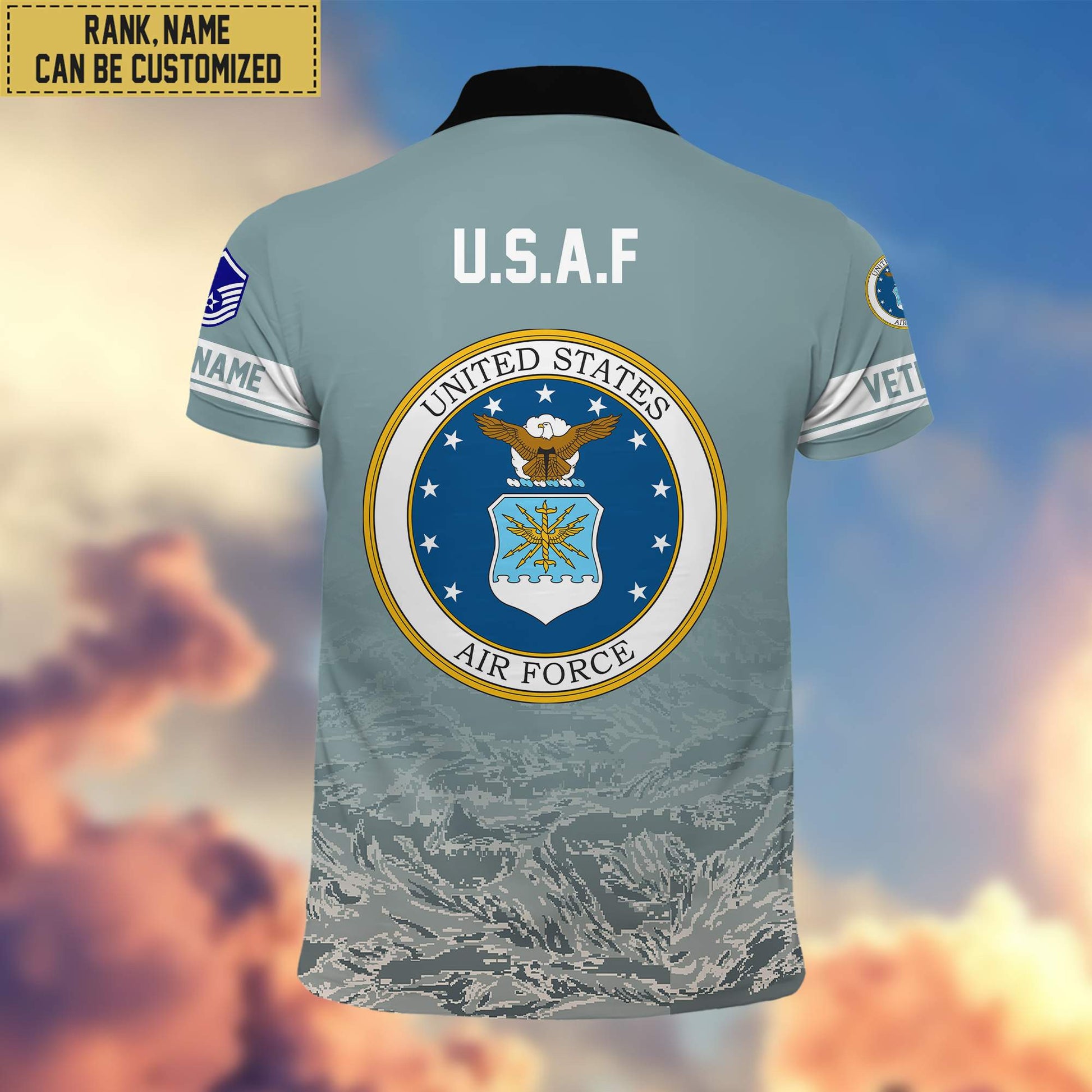 Premium Custom Name, Rank USAF Polo Shirt, Gifts for Air Foce Veteran VPVC202604