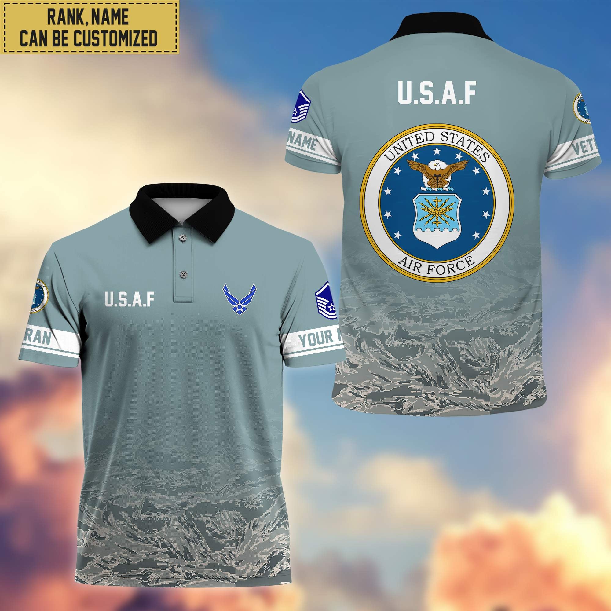 Premium Custom Name, Rank USAF Polo Shirt, Gifts for Air Foce Veteran VPVC202604