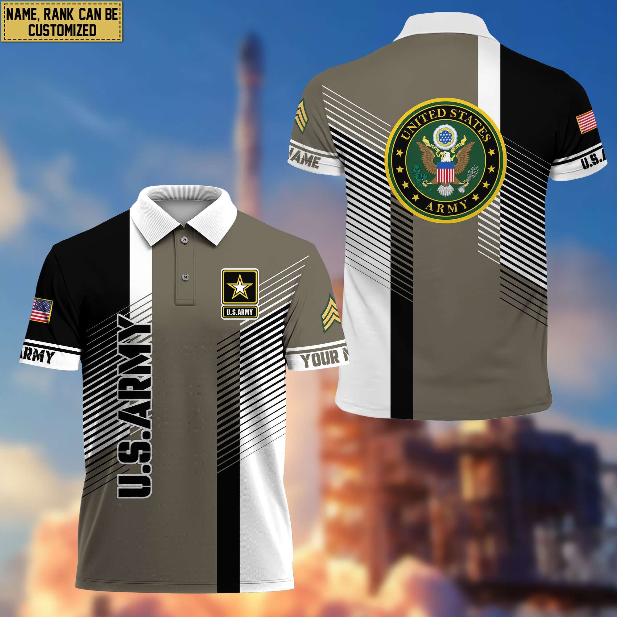 US Army Polo Shirt, Custom Name, Rank, Gift for Army Veteran, Veterans Day, Father's Day VPVC204101
