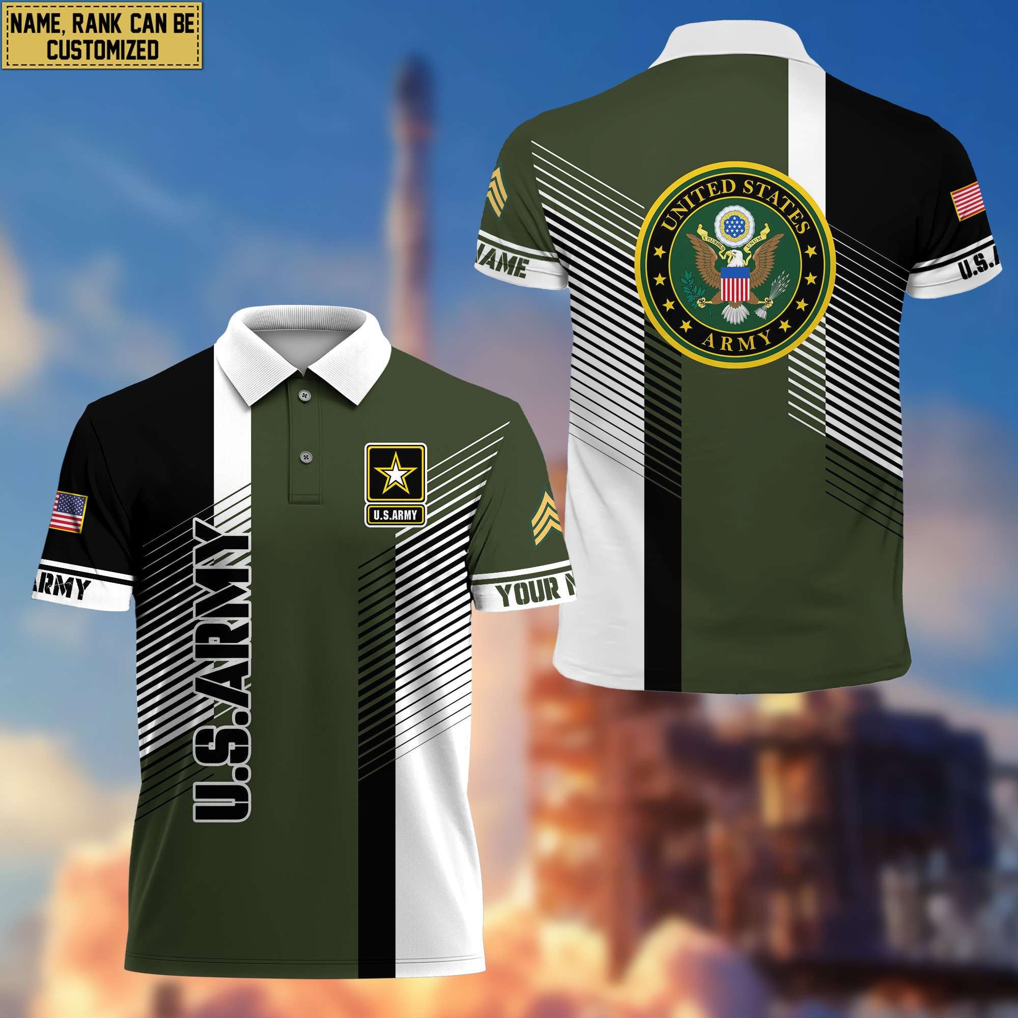 US Army Polo Shirt, Custom Name, Rank, Gift for Army Veteran, Veterans Day, Father's Day VPVC204101
