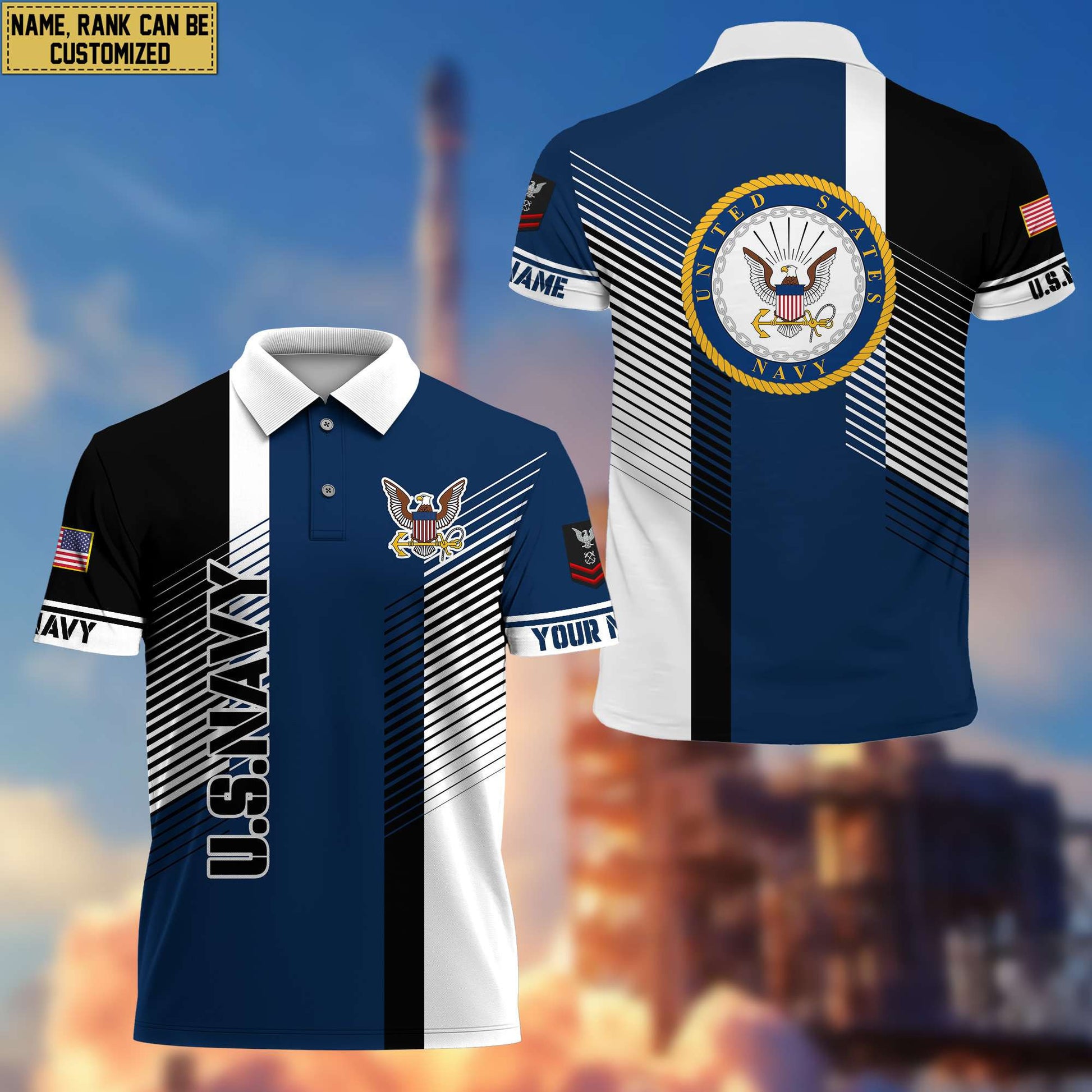 US Navy Polo Shirt, Custom Name, Rank, Gift for Navy Veteran, Veterans Day, Father's Day VPVC204102