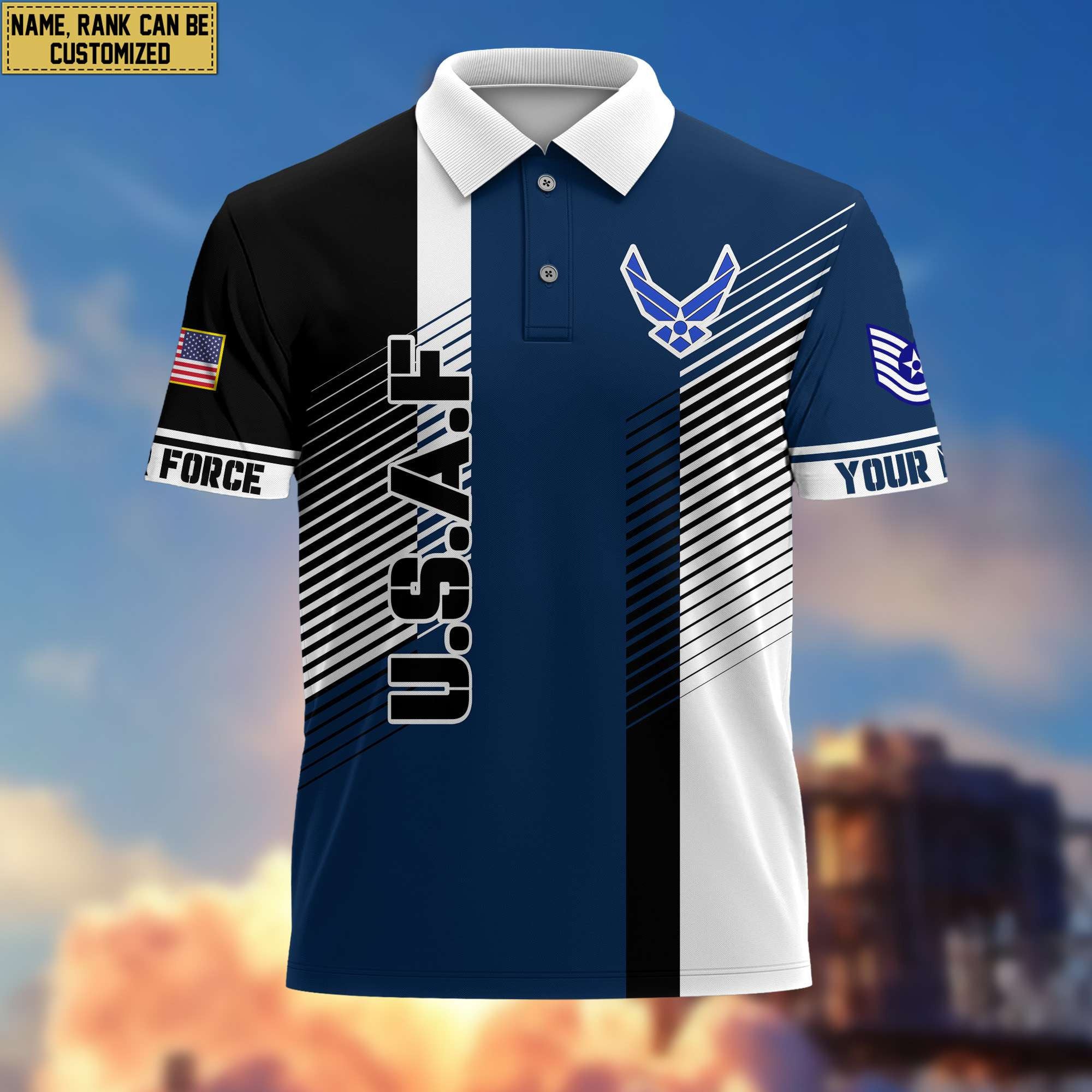 USAF Polo Shirt, Custom Name, Rank, Gift for Air Force Veteran, Veterans Day, Father's Day VPVC204104