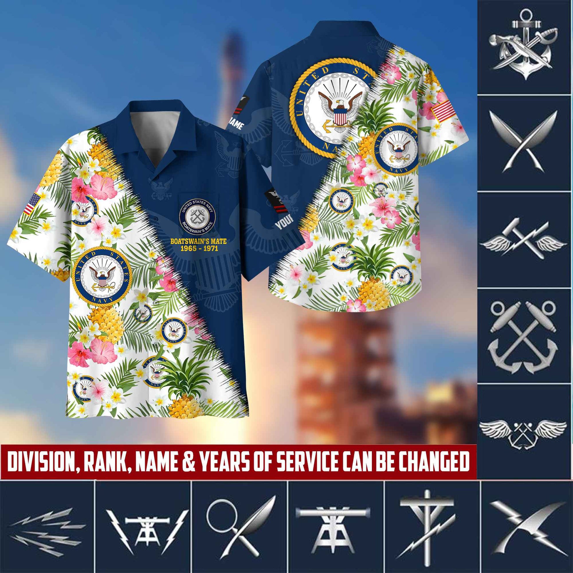 Premium Custom Rank, Name, Unit, US Navy Hawaii Shirt With Pocket, Gifts For Dad, For Husband Navy Veteran VPVC400002