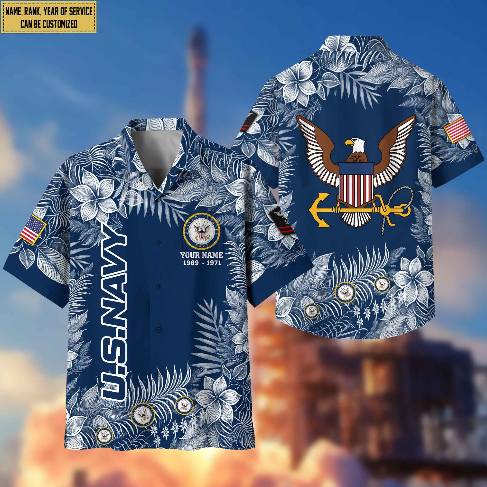Premium US Navy Hawaii Shirt With Pocket, Custom Name, Rank, Gifts For Navy Veteran VPVC400402