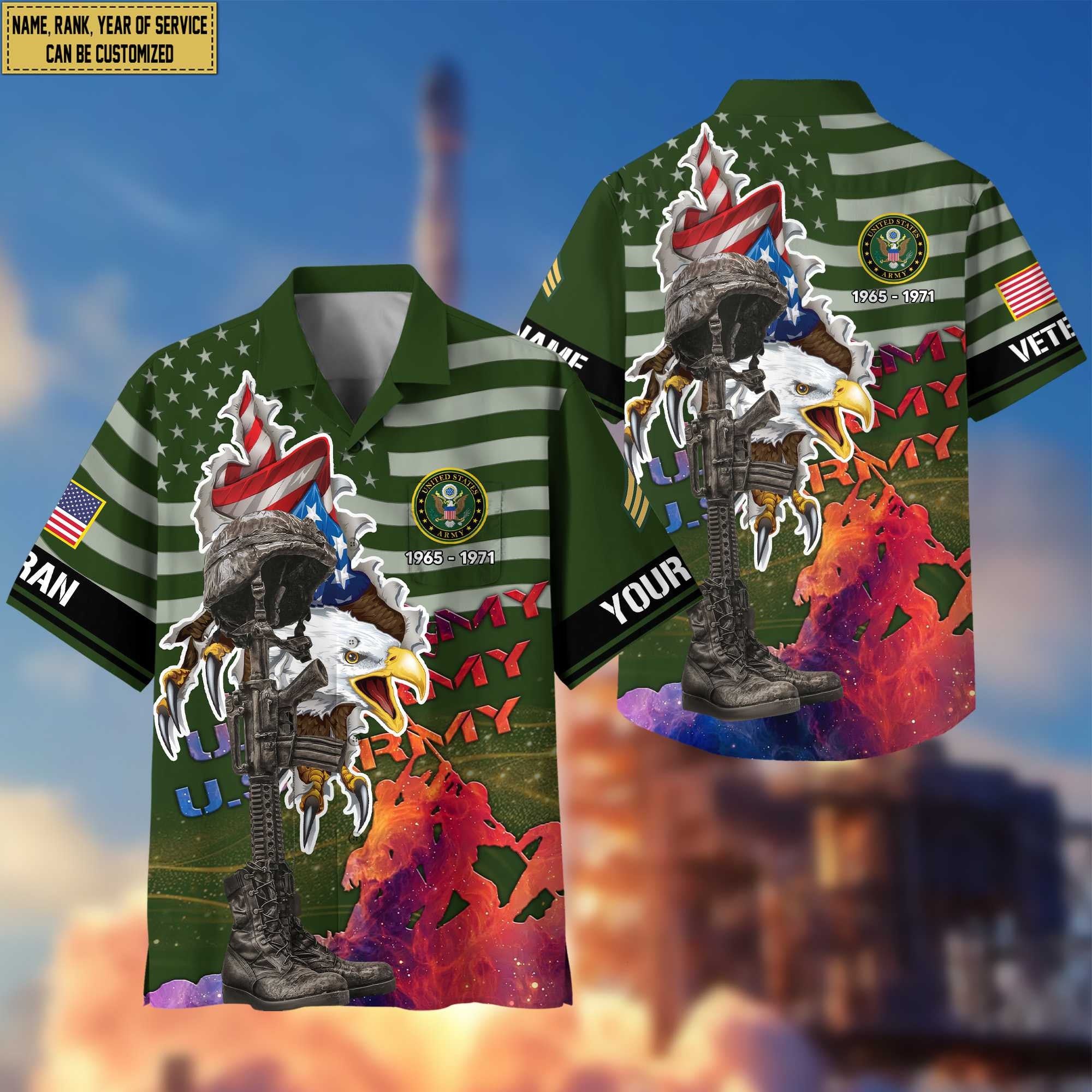 Premium Custom Name, Rank, US Army Veteran Hawaii Shirt With Pocket, Gifts For Army Veteran VPVC400501