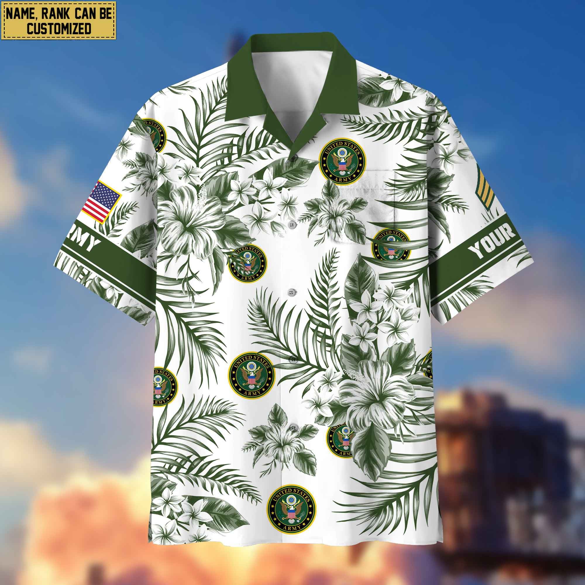Custom Rank, Name, US Army Hawaii Shirt With Pocket, Gifts For Dad, For Husband Army Veteran VPVC400601