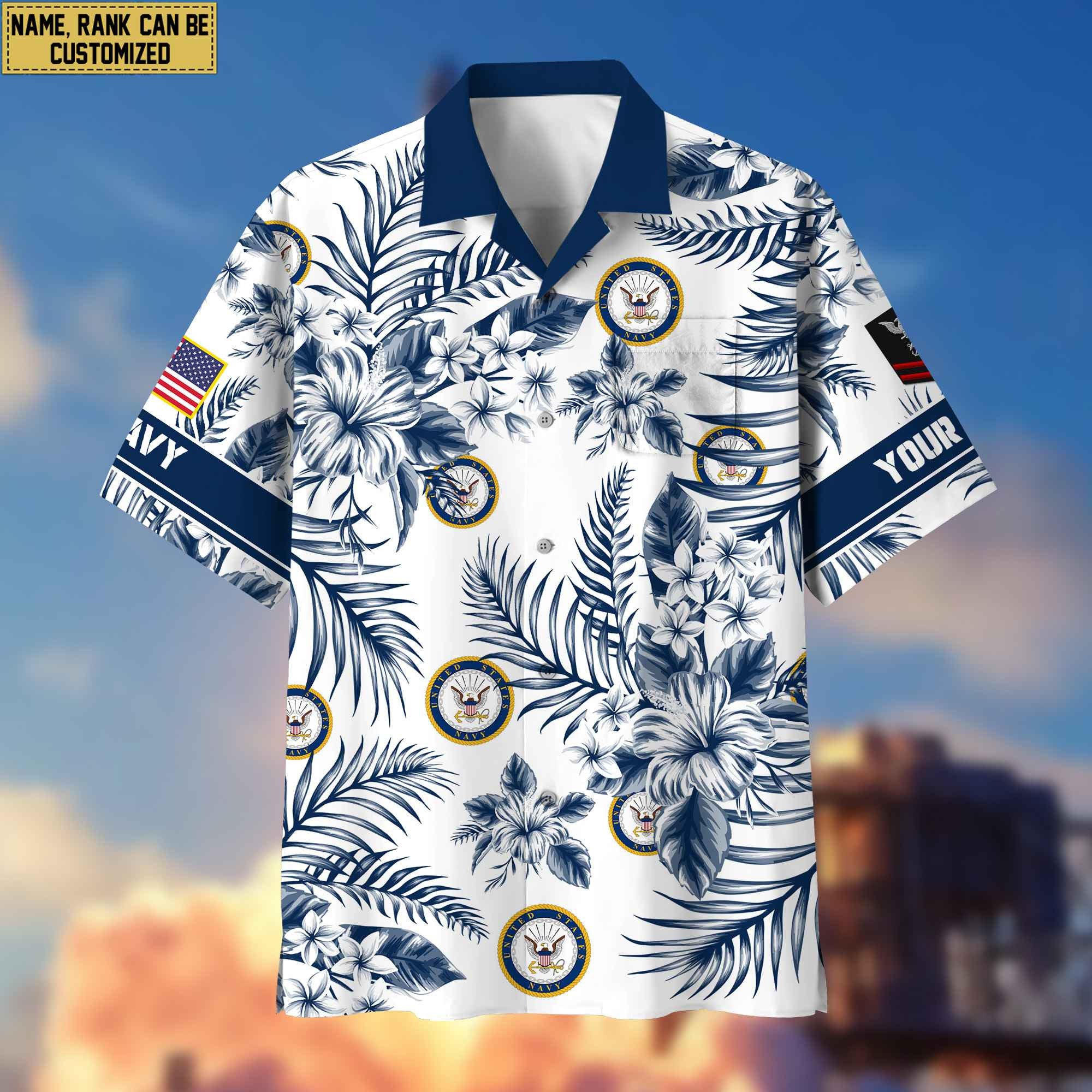 Custom Rank, Name, US Navy Hawaii Shirt With Pocket, Gifts For Dad, For Husband Navy Veteran VPVC400602