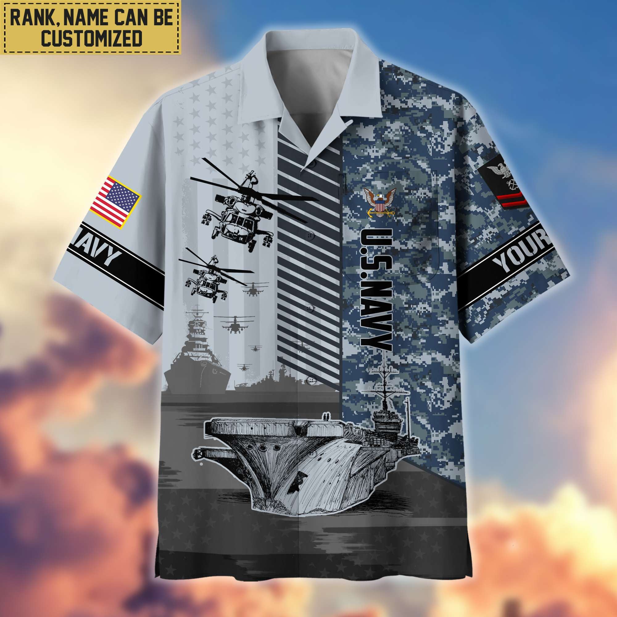 Premium Custom Name, Rank US Navy Hawaii Shirt With Pocket, Gifts For Veterans Day, Father's Day, Gifts for Navy Veteran VPVC401202