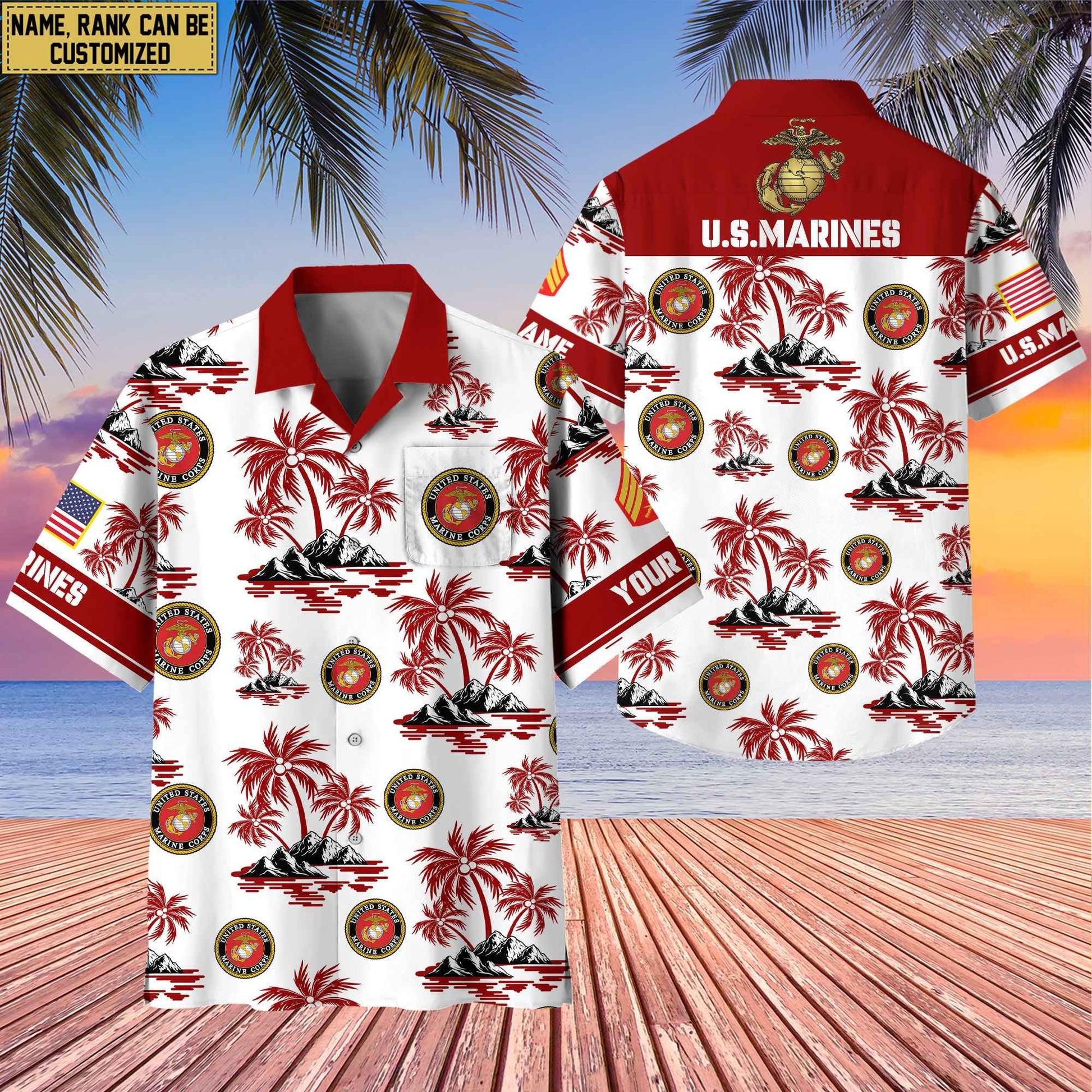 Premium Custom Name, Rank US Veterans Hawaii Shirt With Pocket, Gifts For Independence Day, Father's Day, Veterans Day, Gifts For Dad, Gifts For Husband Veteran BPVC190702
