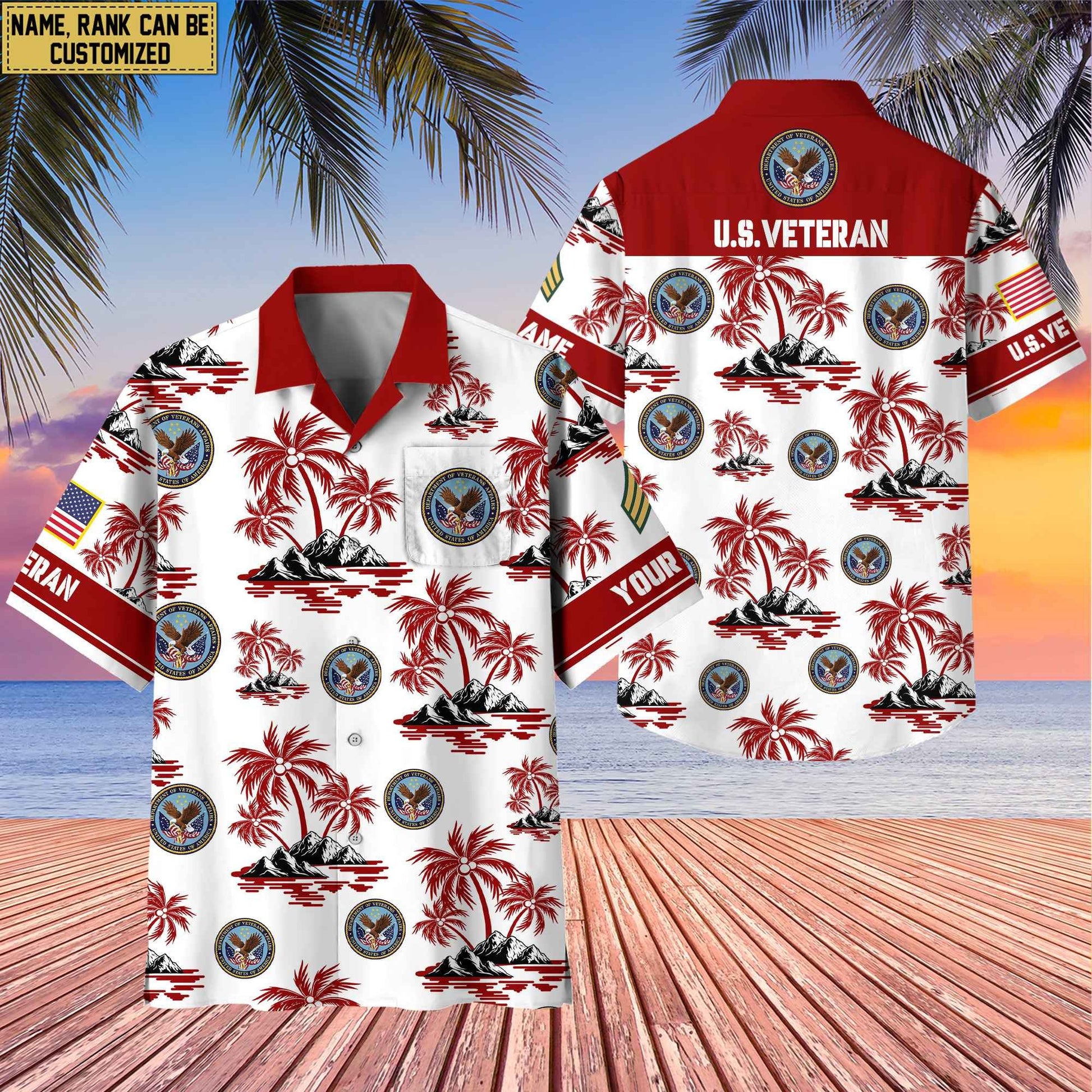 Premium Custom Name, Rank US Veterans Hawaii Shirt With Pocket, Gifts For Independence Day, Father's Day, Veterans Day, Gifts For Dad, Gifts For Husband Veteran BPVC190702