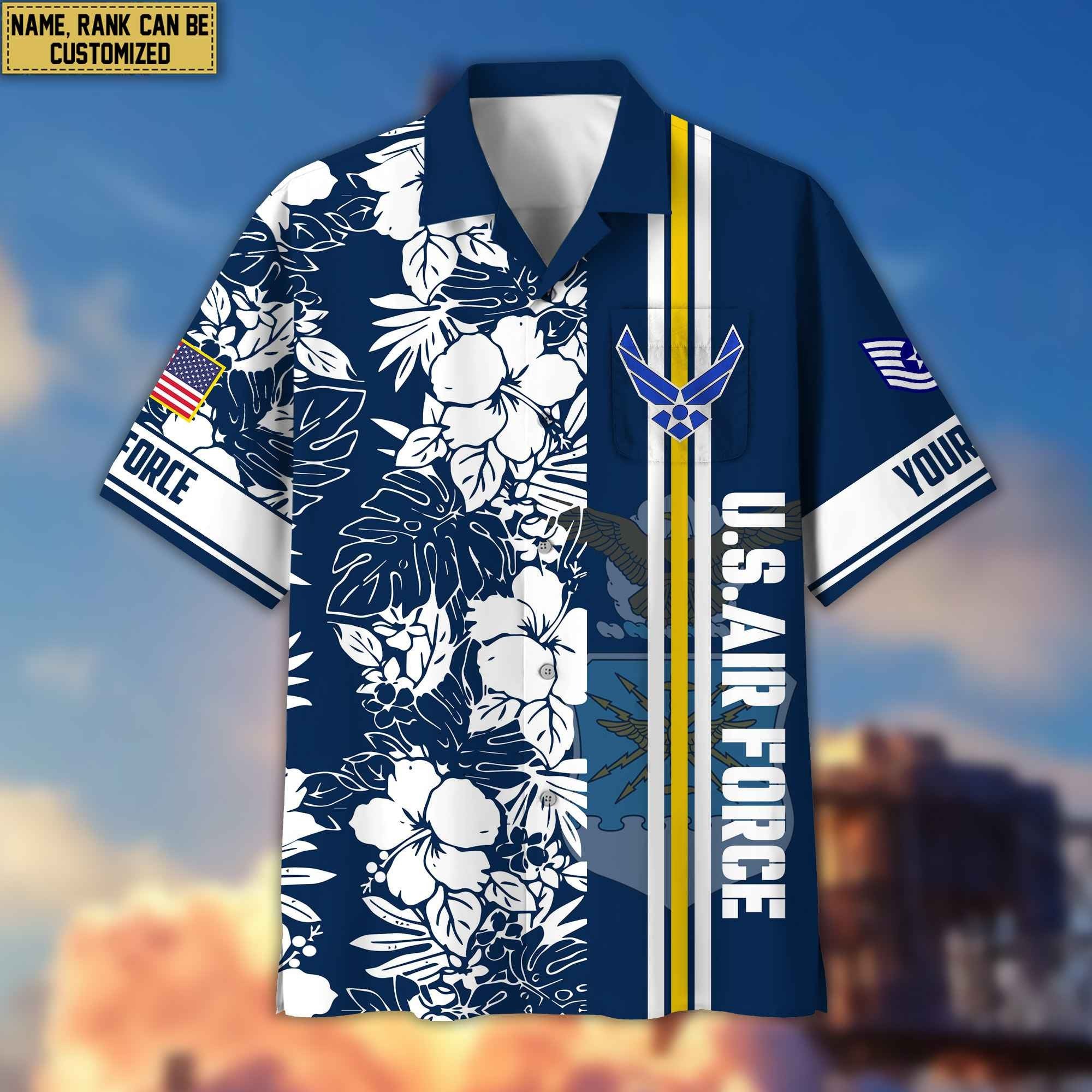 Premium Custom Name, Rank USAF Hawaiian Shirt With Pocket, Gifts For Veterans Day, Father's Day, Gifts for Air Force Veteran VPVC401404