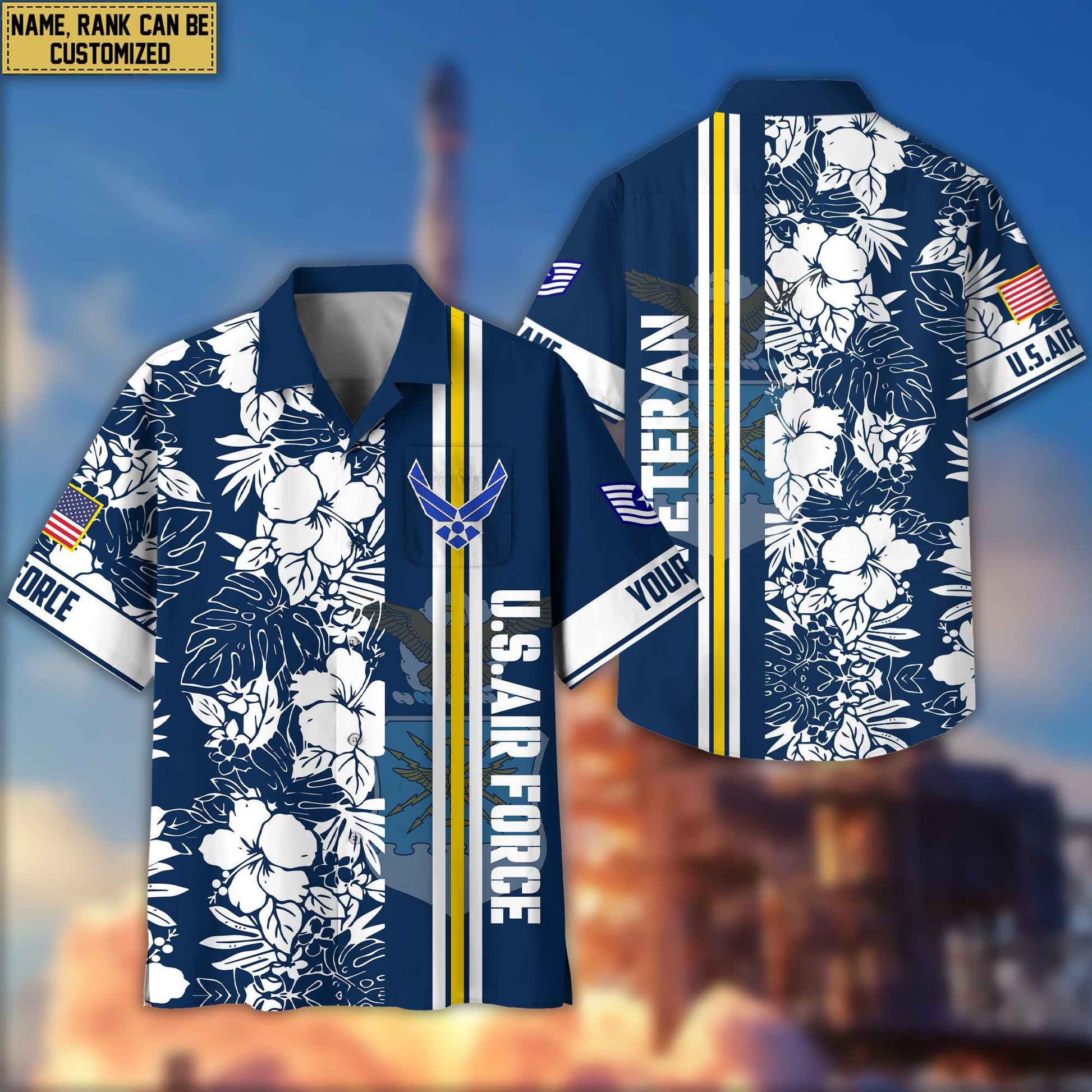Premium Custom Name, Rank USAF Hawaiian Shirt With Pocket, Gifts For Veterans Day, Father's Day, Gifts for Air Force Veteran VPVC401404