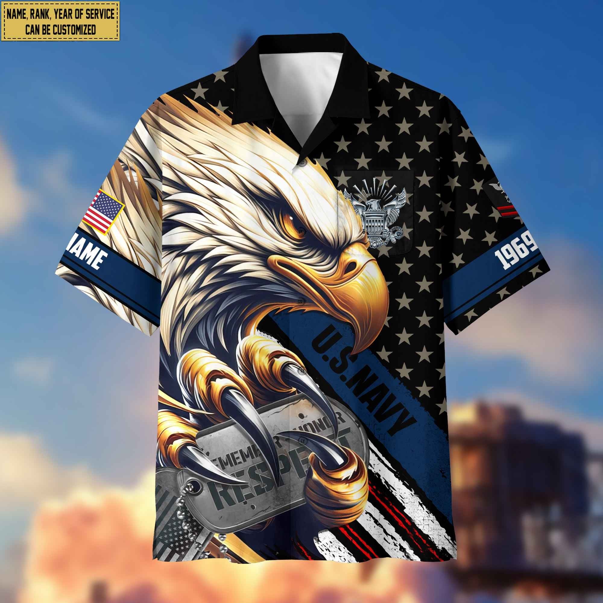 Premium Custom Rank, Name, US Navy Veteran Hawaiian Shirt With Pocket, Gifts for Navy Veteran, Gifts For Veterans Day, Father's Day VPVC402302