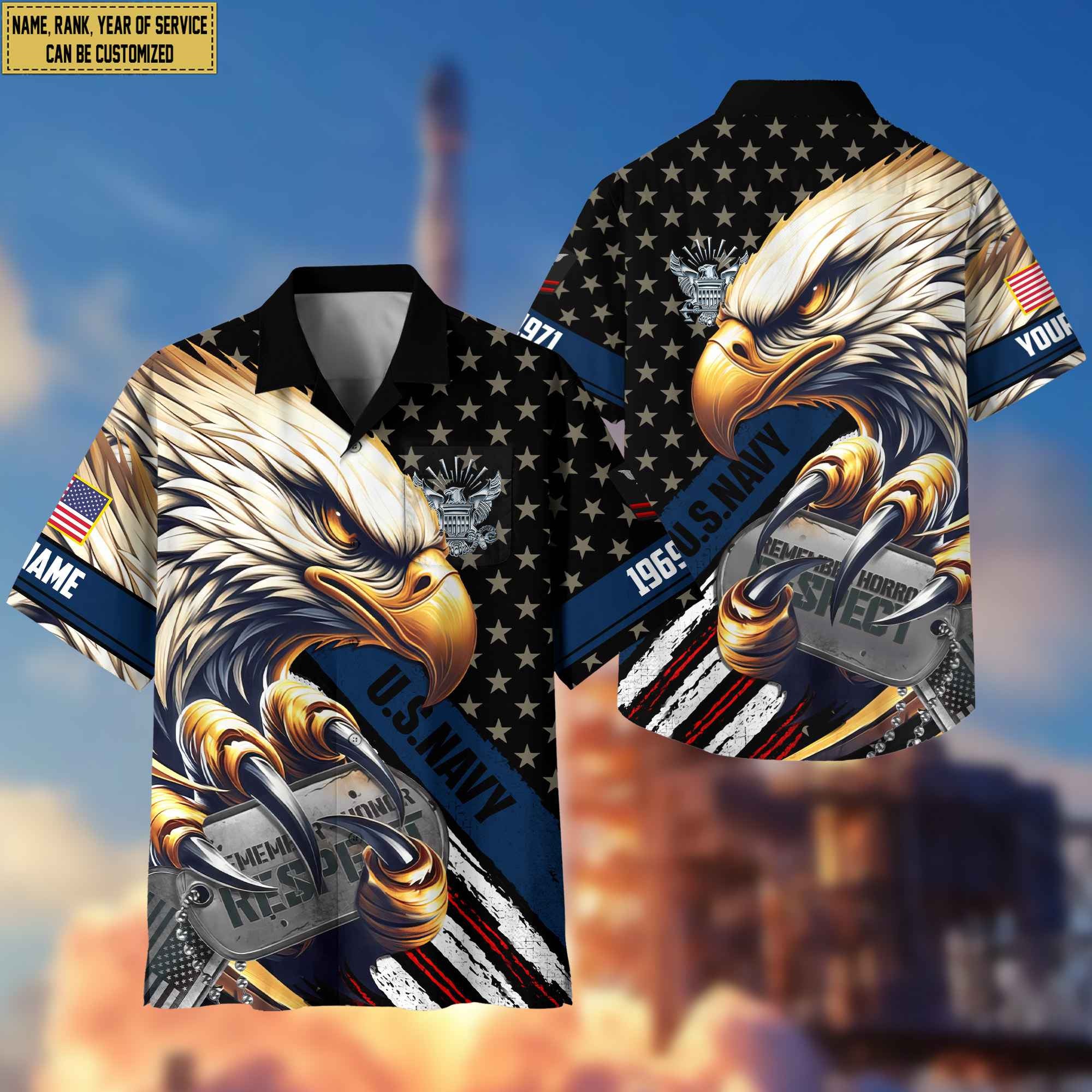 Premium Custom Rank, Name, US Navy Veteran Hawaiian Shirt With Pocket, Gifts for Navy Veteran, Gifts For Veterans Day, Father's Day VPVC402302