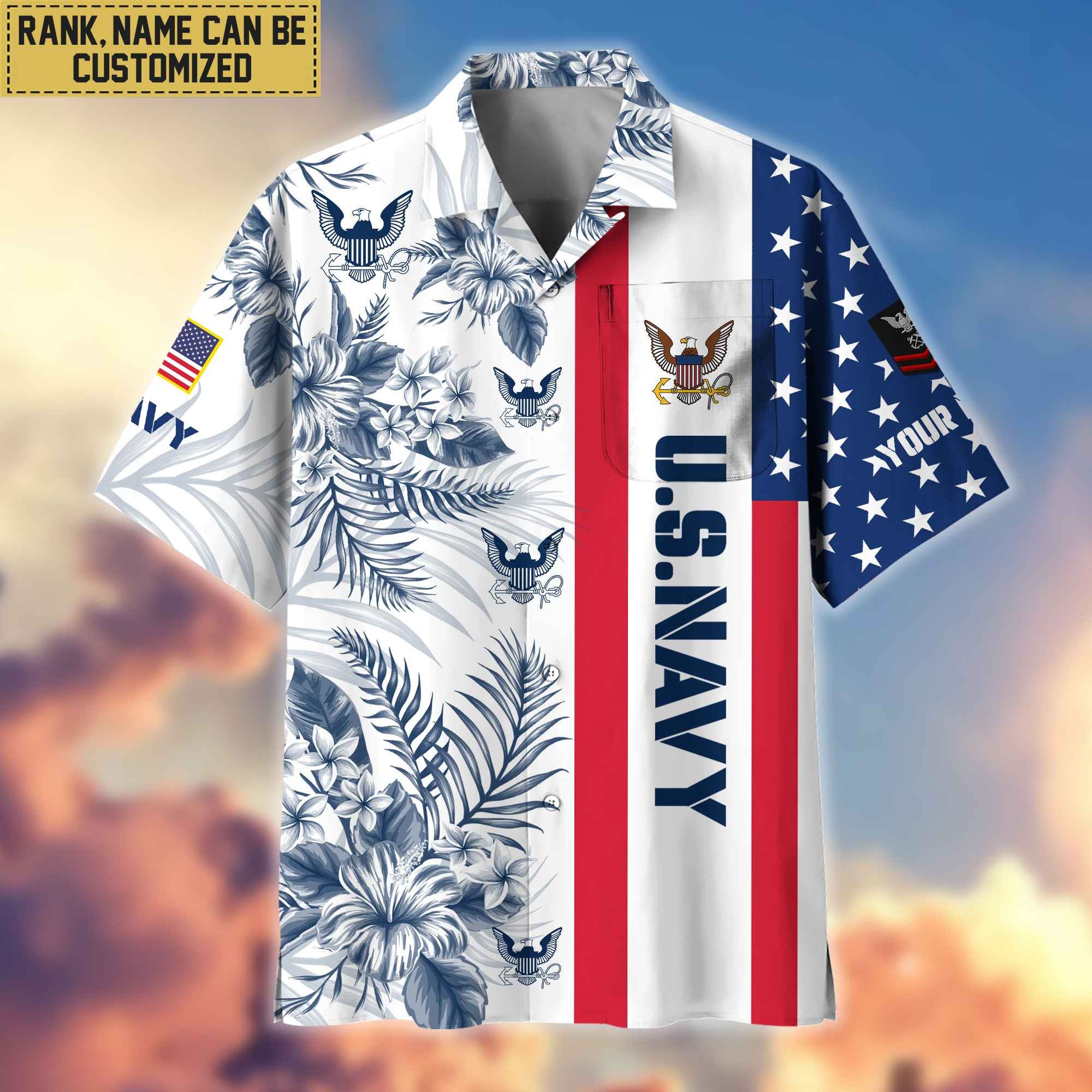 Premium Custom Name, Rank US Navy Hawaiian Shirt With Pocket, Gifts For Veterans Day, Father's Day, Gifts for Navy Veteran VPVC403502