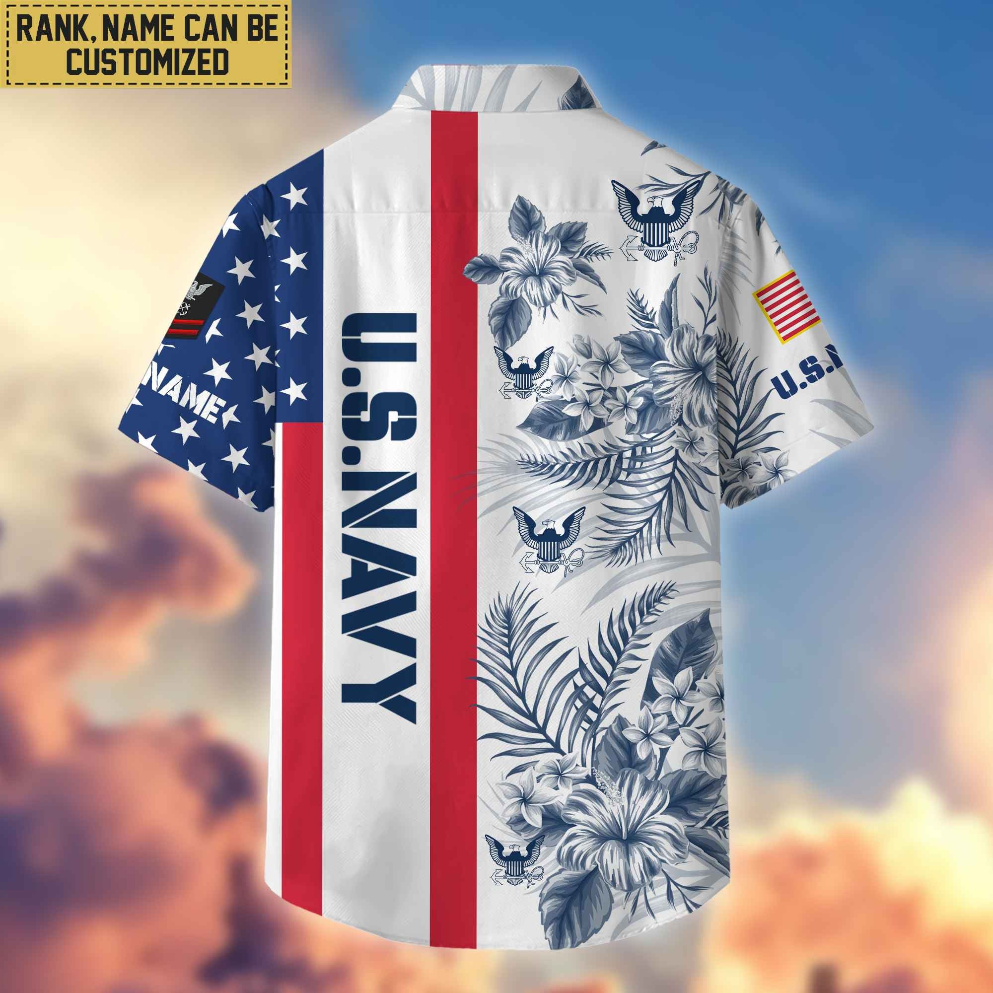Premium Custom Name, Rank US Navy Hawaiian Shirt With Pocket, Gifts For Veterans Day, Father's Day, Gifts for Navy Veteran VPVC403502