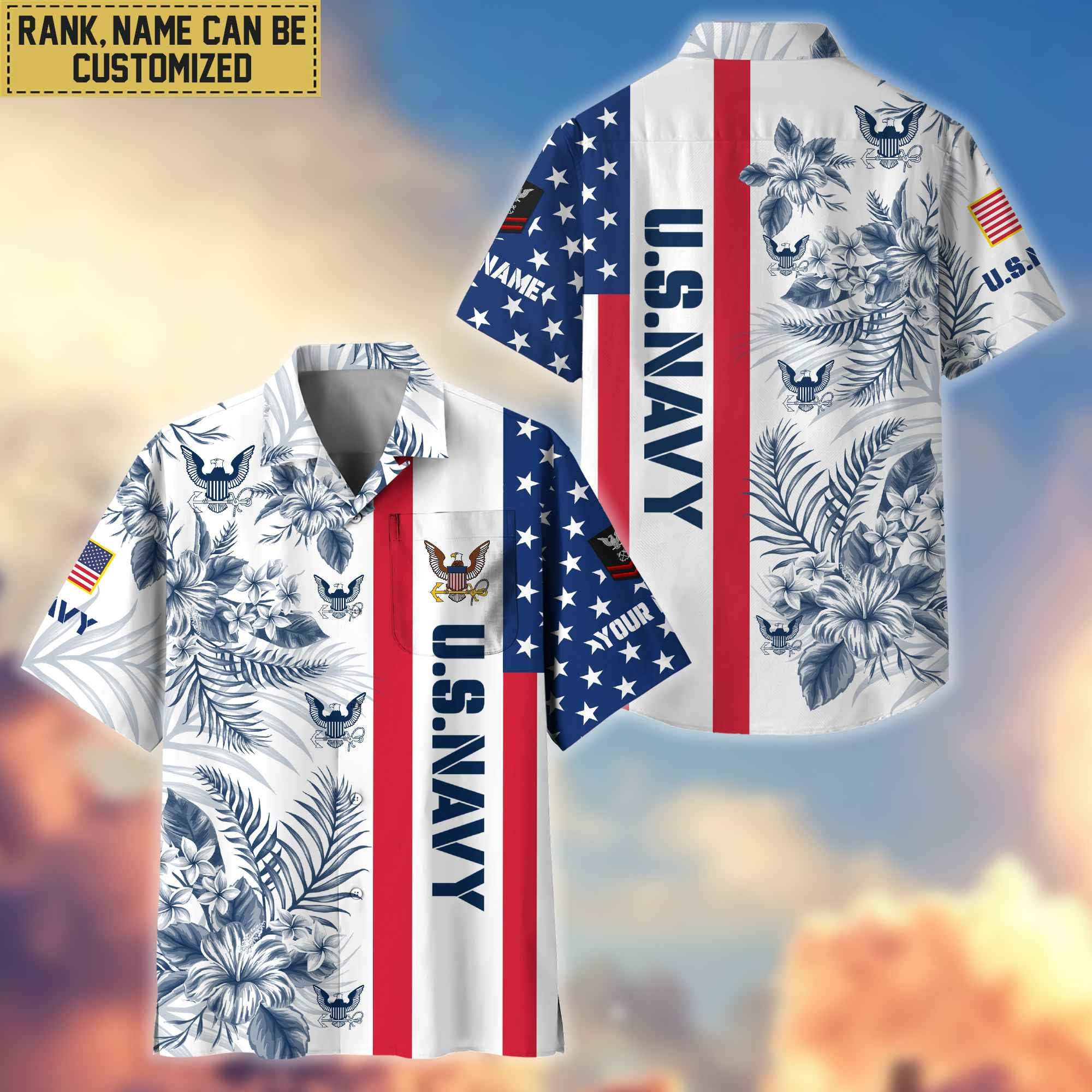 Premium Custom Name, Rank US Navy Hawaiian Shirt With Pocket, Gifts For Veterans Day, Father's Day, Gifts for Navy Veteran VPVC403502