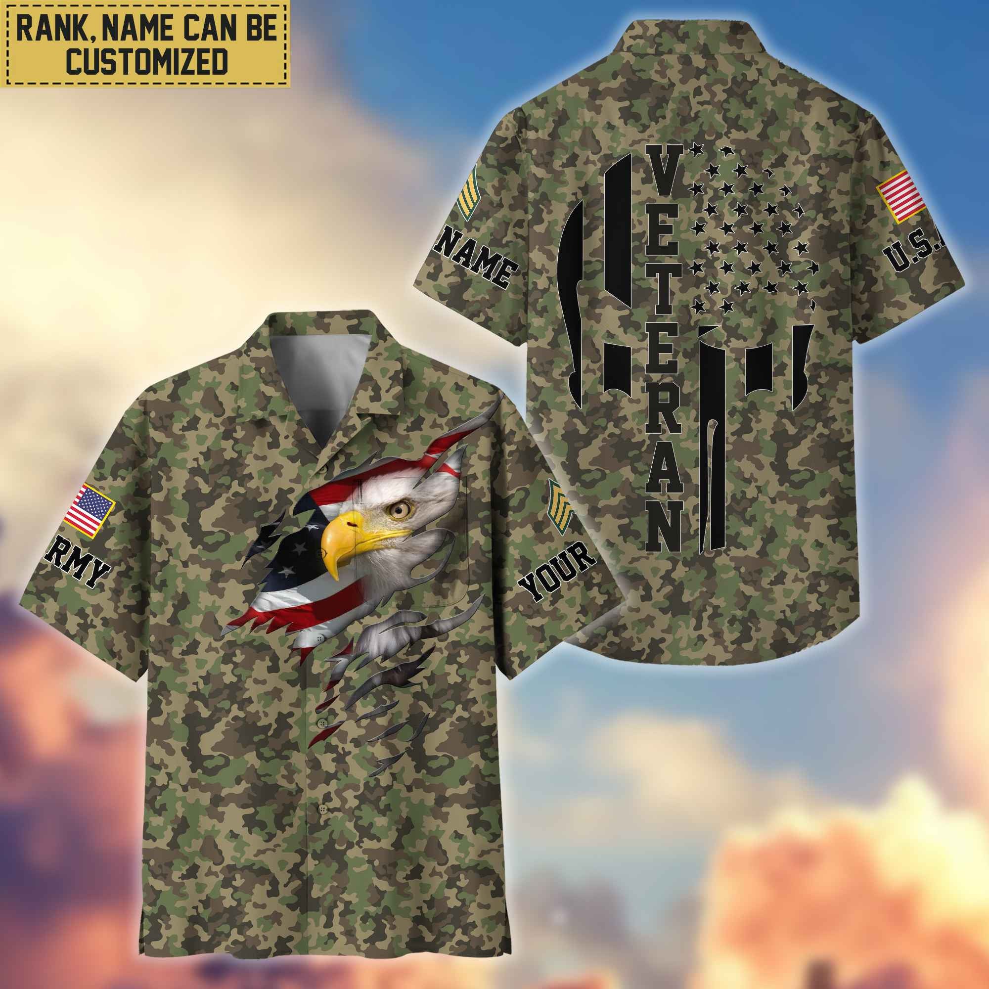 Premium Custom Name, Rank US Army Veteran Hawaiian Shirt With Pocket, Gifts For Dad, For Husband, Gifts For US Army Veteran VPVC403701