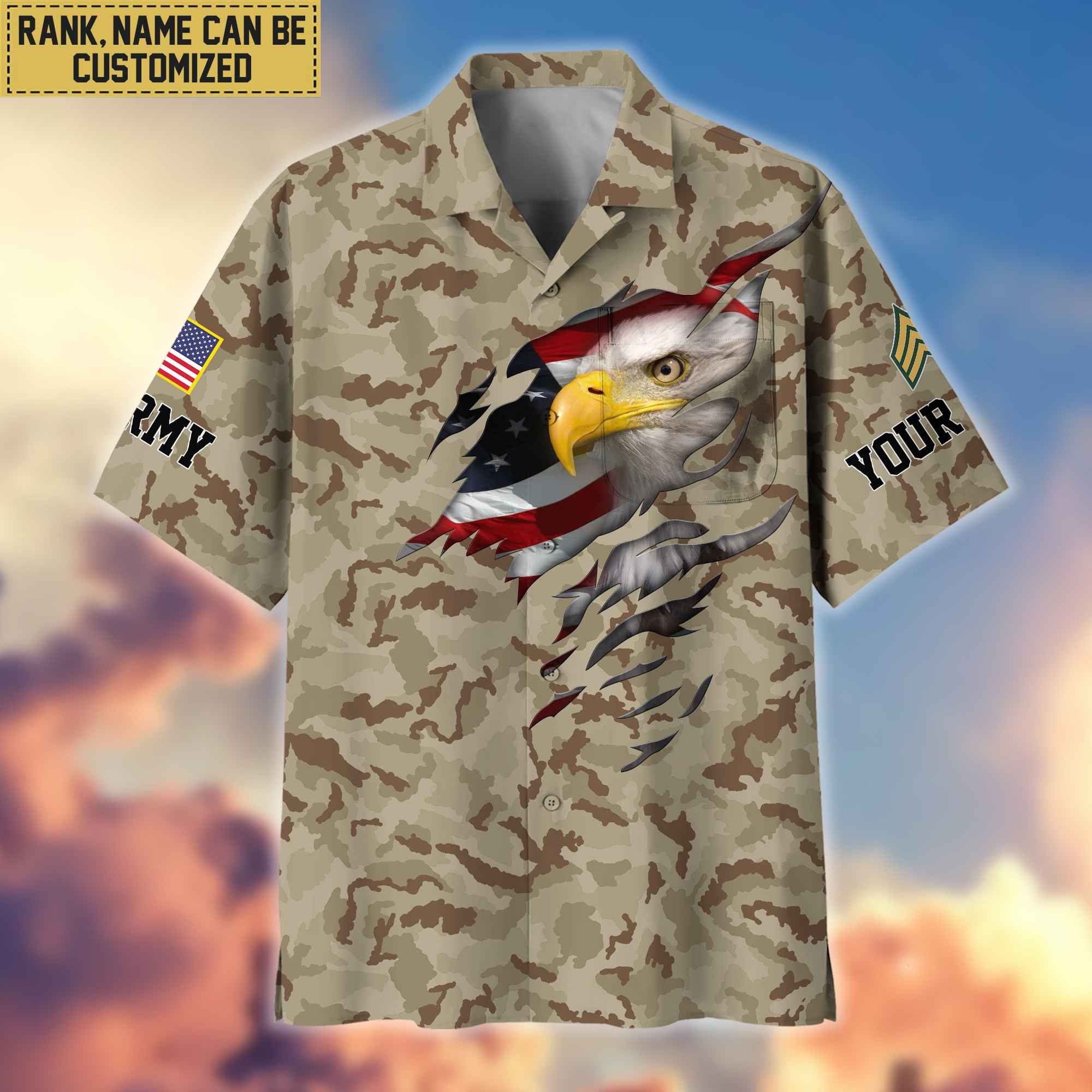 Premium Custom Name, Rank US Army Veteran Hawaiian Shirt With Pocket, Gifts For Dad, For Husband, Gifts For US Army Veteran VPVC403701