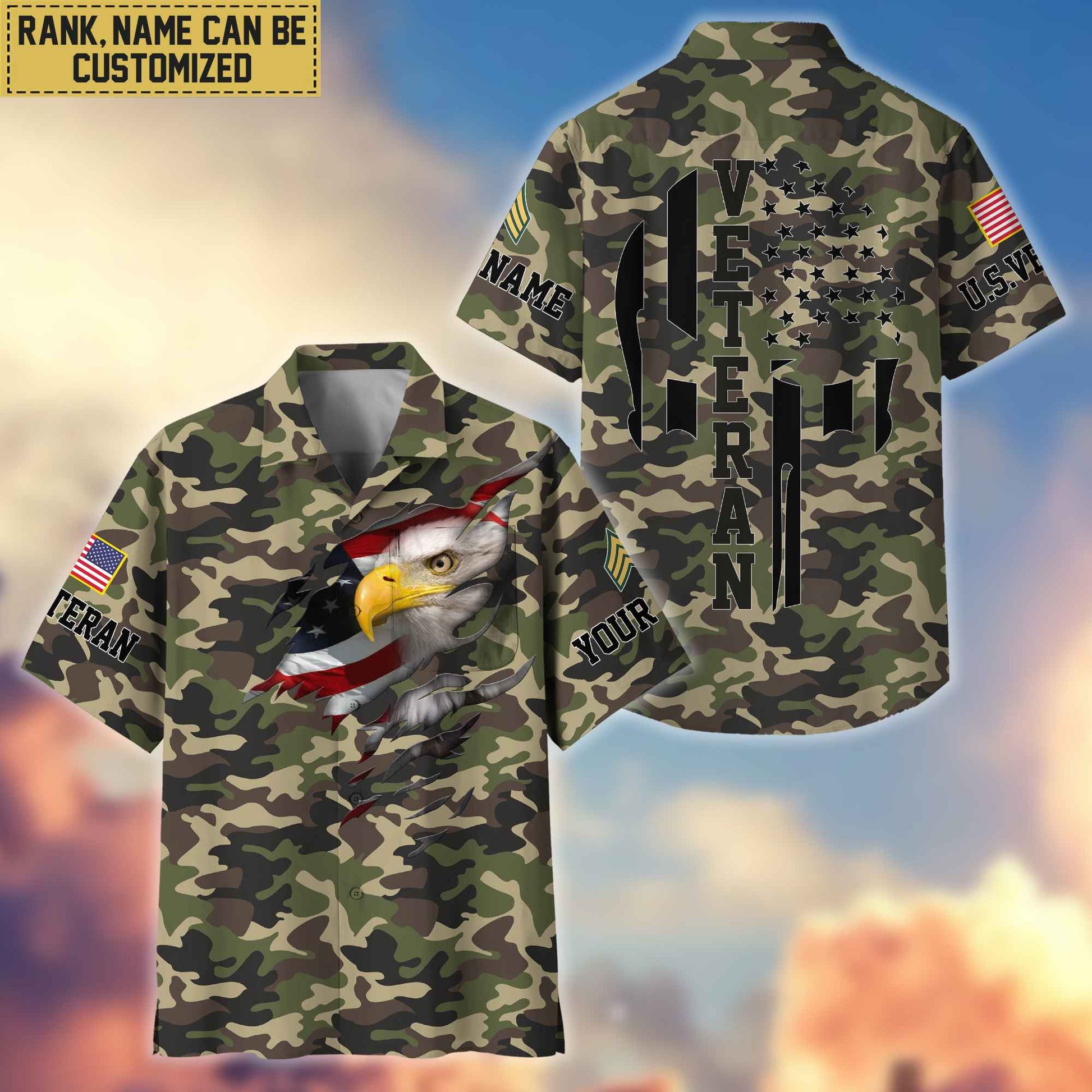 Premium Custom Name, Rank US Veteran Hawaiian Shirt With Pocket, Gifts For Dad, For Husband, Gifts For US Veteran VPVC403707