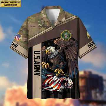 Premium Custom Name, Rank US Army Hawaiian Shirt With Pocket, Gifts For Dad, For Husband, Gifts For Army Veteran VPVC402501