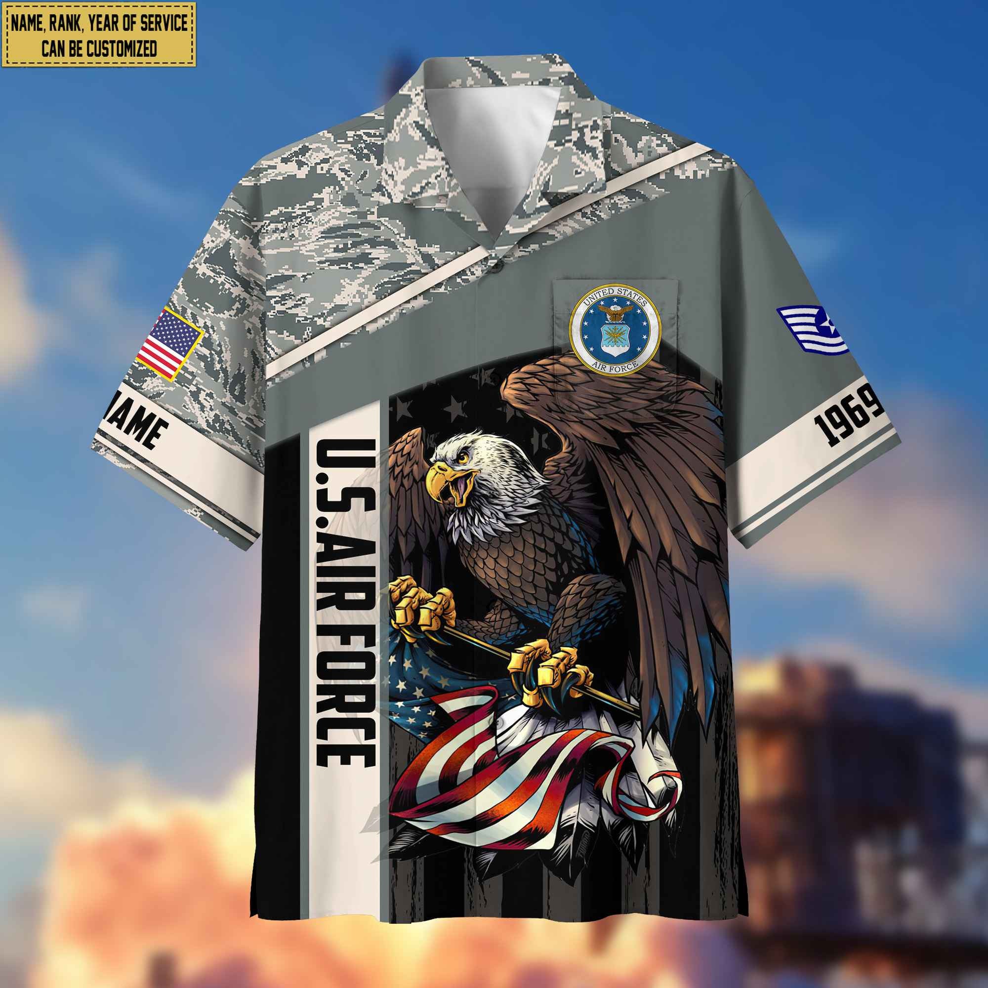 Premium Custom Name, Rank USAF Hawaiian Shirt With Pocket, Gifts For Dad, For Husband, Gifts For Air Force Veteran VPVC402504