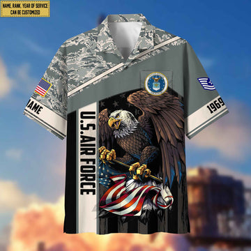 Premium Custom Name, Rank USAF Hawaiian Shirt With Pocket, Gifts For Dad, For Husband, Gifts For Air Force Veteran VPVC402504