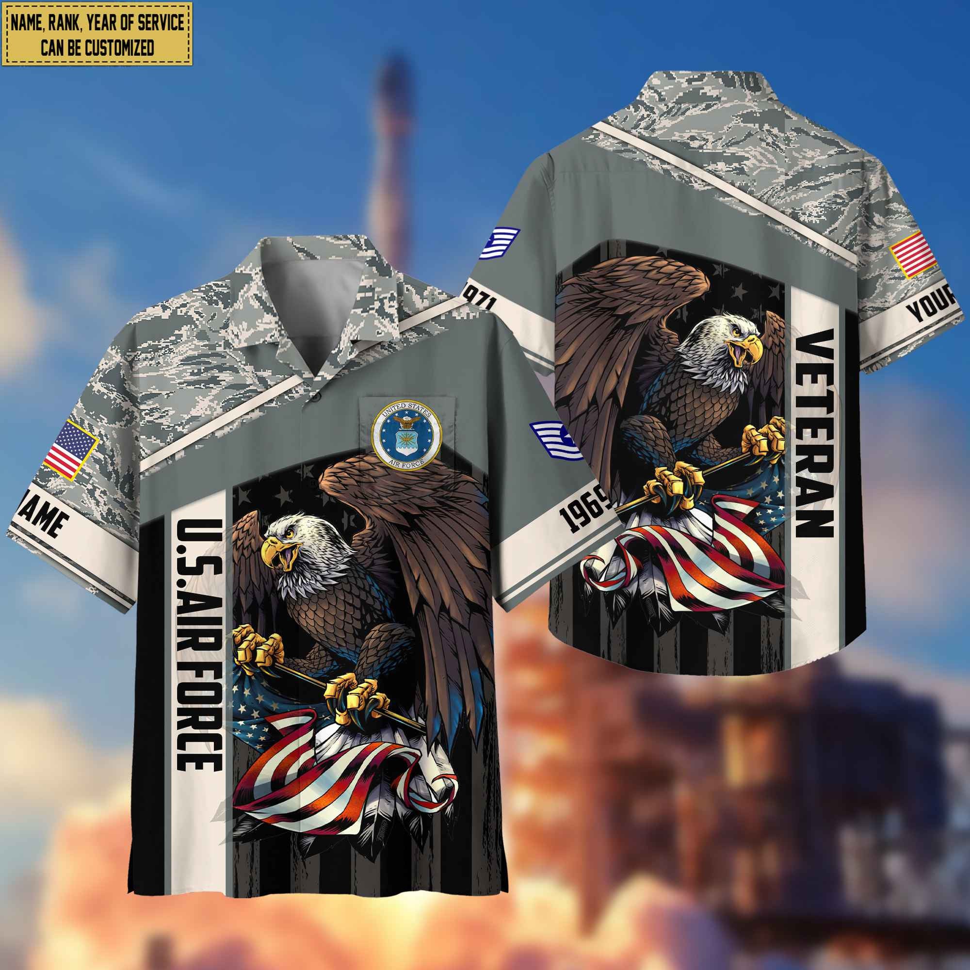 Premium Custom Name, Rank USAF Hawaiian Shirt With Pocket, Gifts For Dad, For Husband, Gifts For Air Force Veteran VPVC402504