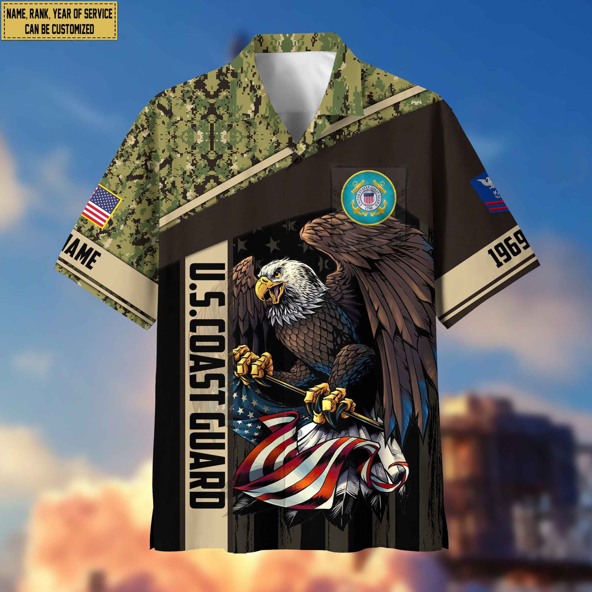 Premium Custom Name, Rank USCG Hawaiian Shirt With Pocket, Gifts For Dad, For Husband, Gifts For Coast Guard Veteran VPVC402505