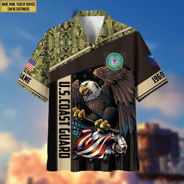 Premium Custom Name, Rank USCG Hawaiian Shirt With Pocket, Gifts For Dad, For Husband, Gifts For Coast Guard Veteran VPVC402505
